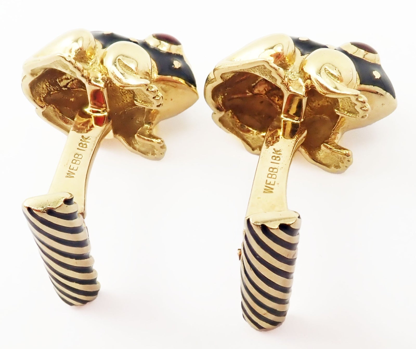 Authentic! Vintage David Webb 18k Yellow Gold Ruby Black Enamel Frog Cufflinks | Fortrove