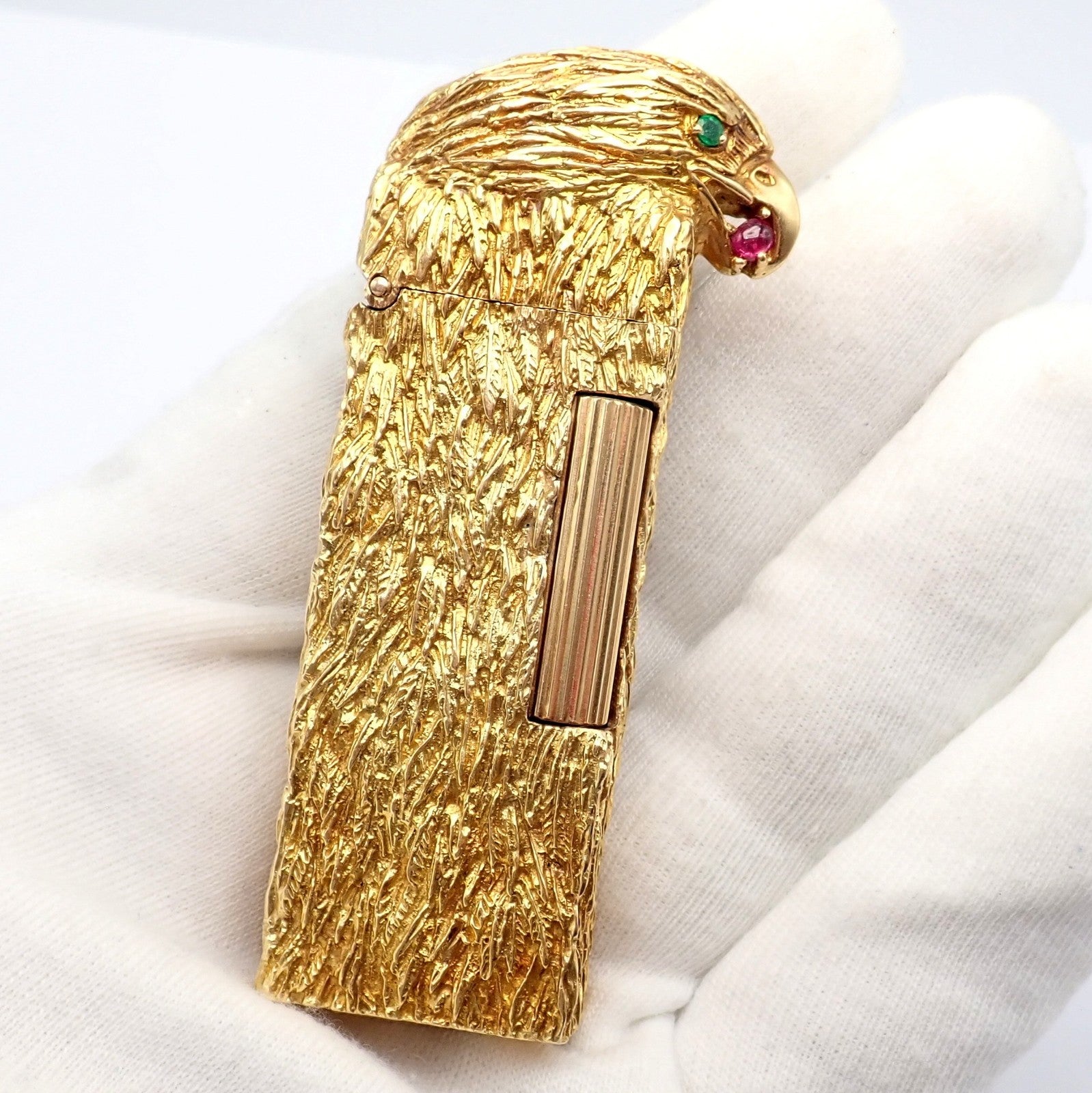 Dunhill Collectibles:Tobacciana:Lighters:Dunhill Vintage Dunhill 18k Yellow Gold Ruby Emerald Eagle Rollagas Lighter 1950's