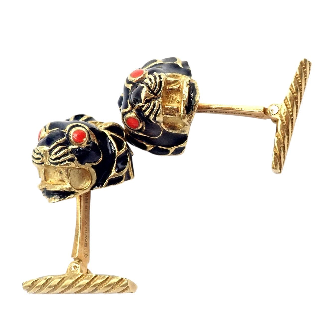 Vintage! David Webb 18k Yellow Gold Black Enamel Lion Cufflinks | Fortrove