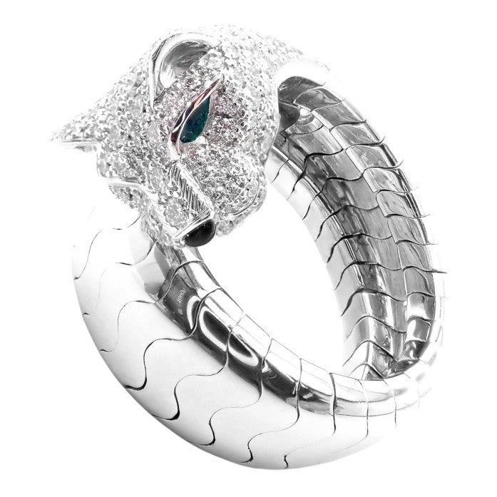 Authentic! Cartier Panther 18k White Gold Diamond Emerald Onyx Band Ring Cert. | Fortrove