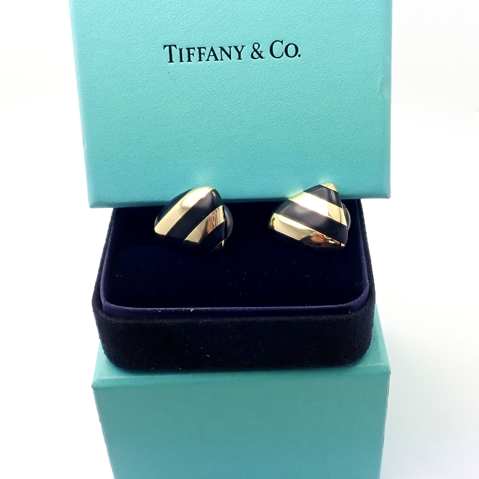 Tiffany & Co Angela Cummings 18k Yellow Gold Inlaid Black Jade Earrings | Fortrove