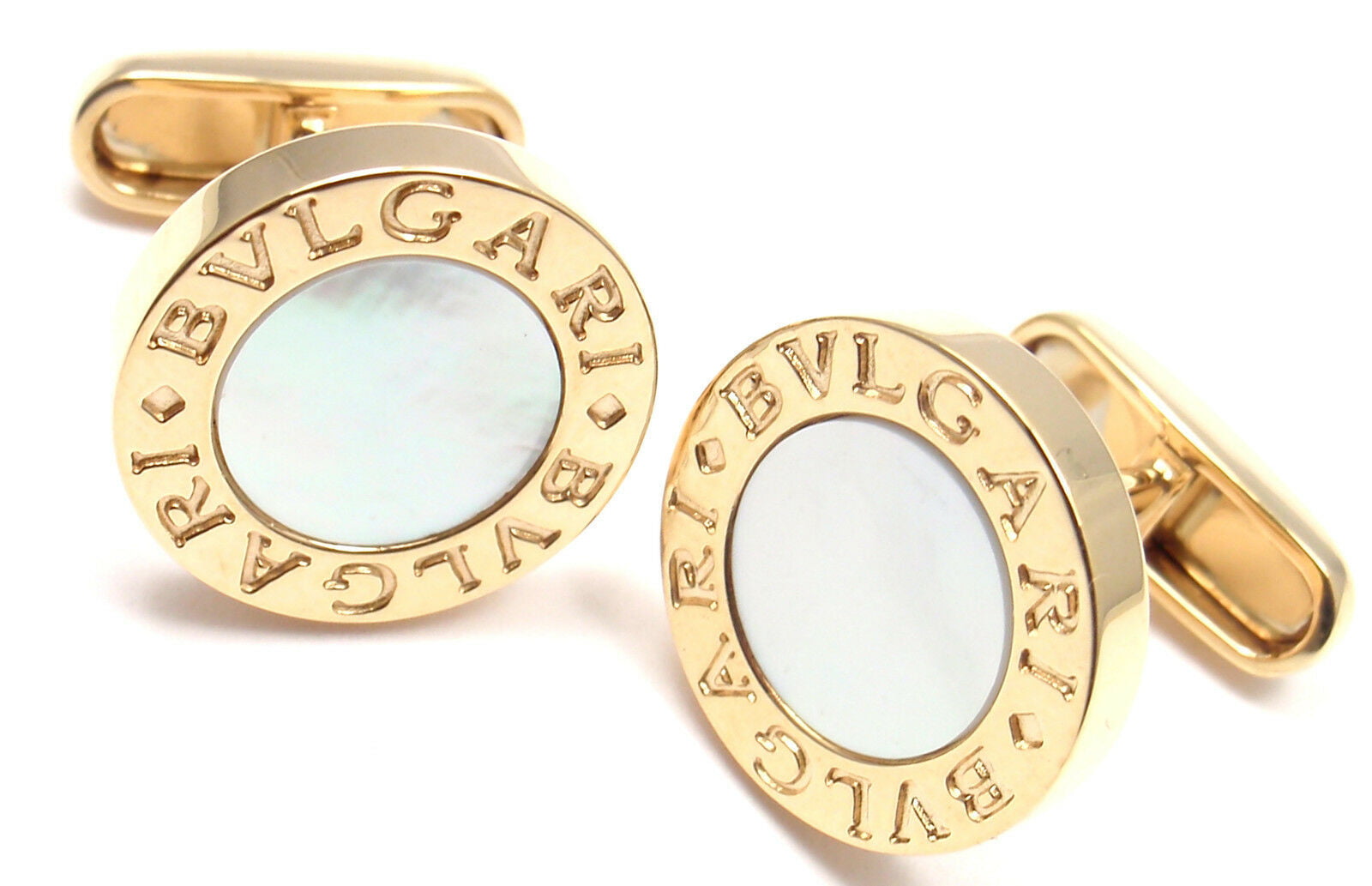Authentic! Bvlgari Bulgari 18k Yellow Gold Mother Of Pearl Cufflinks | Fortrove