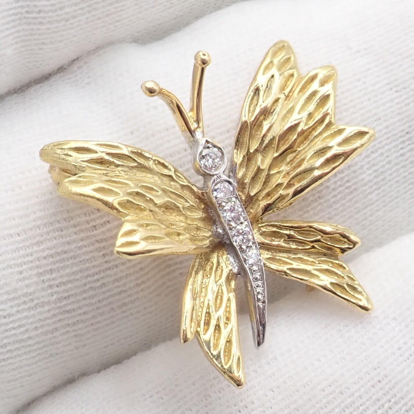 Authentic! Tiffany & Co 18k Yellow Gold Platinum Butterfly Diamond Pin Brooch | Fortrove