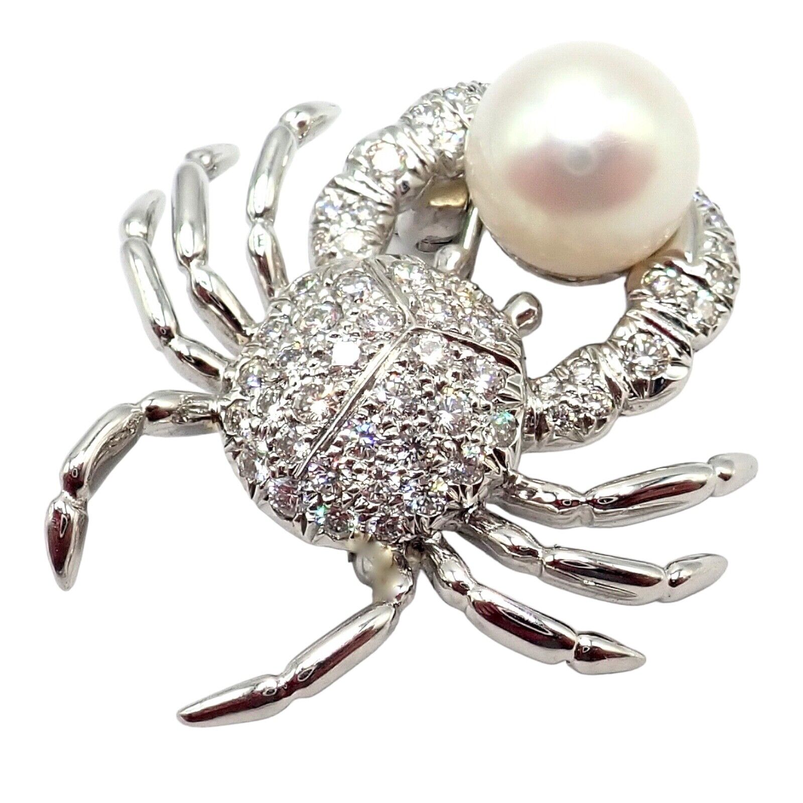 Rare! Authentic Tiffany & Co Platinum Crab 1.50ct Diamond 9mm Pearl Pin Brooch | Fortrove