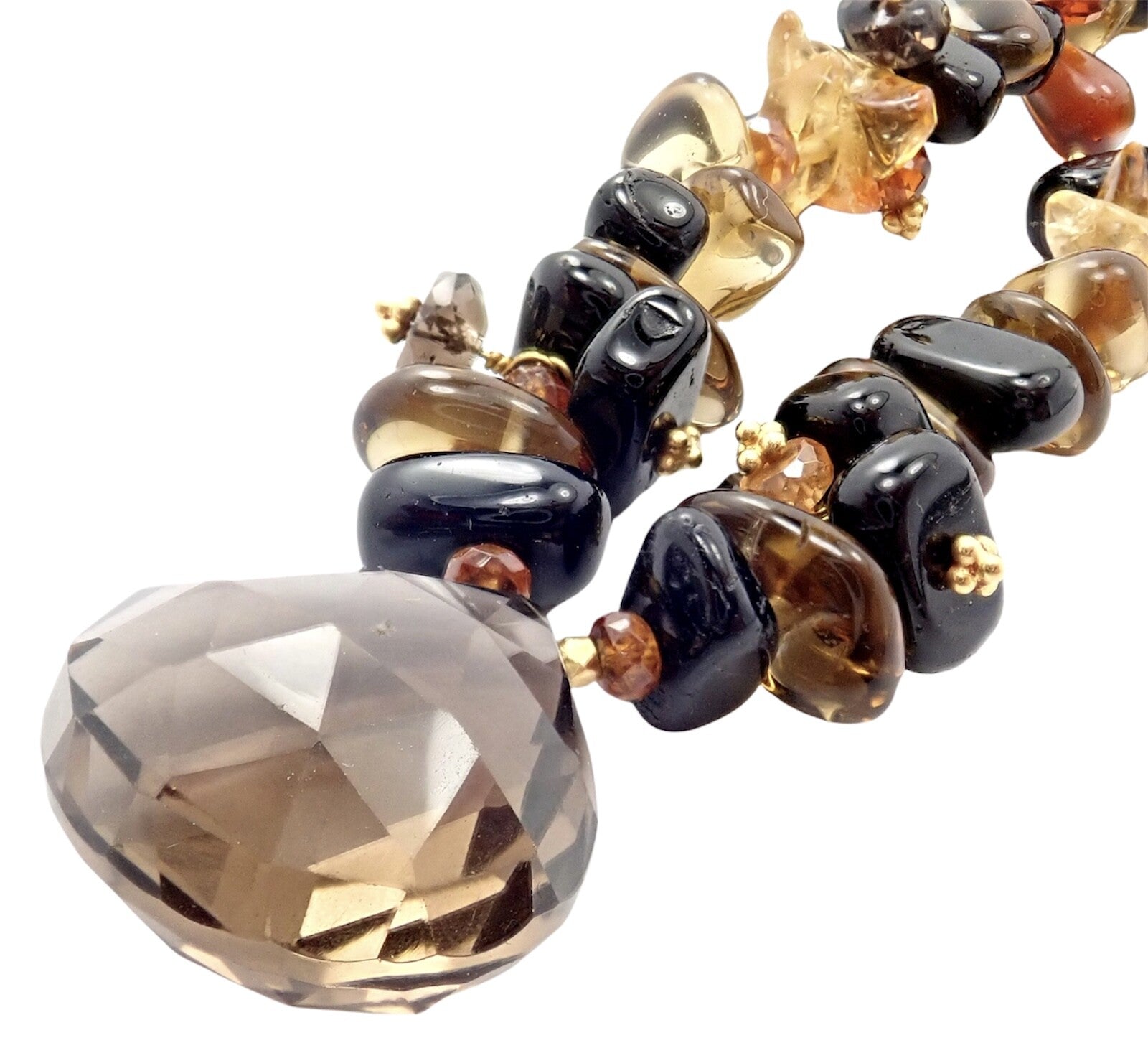 Laura Gibson 18k Yellow Gold Briolette Smokey Topaz Onyx Bead Large Necklace | Fortrove