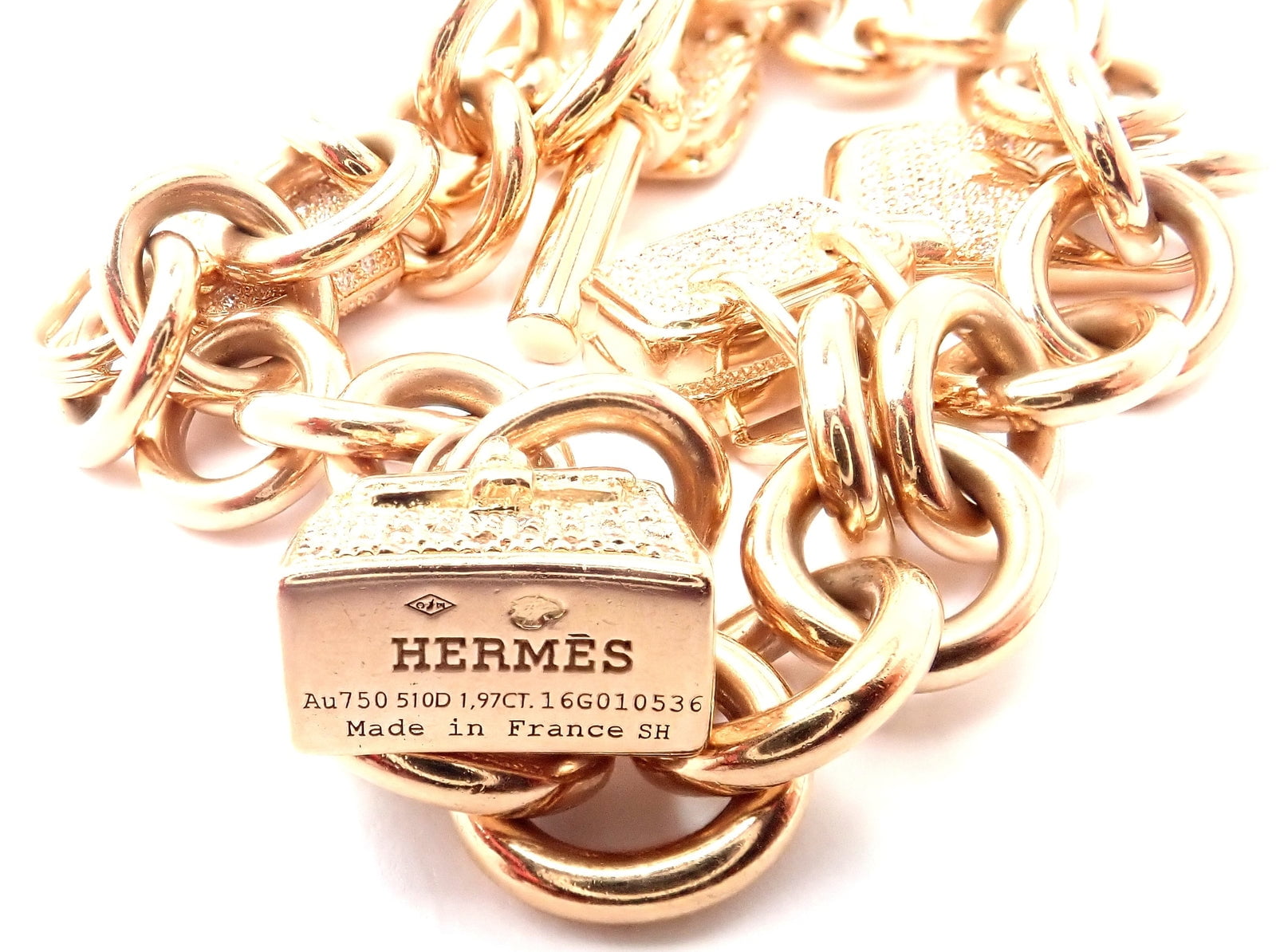Hermes Jewelry & Watches:Fine Jewelry:Bracelets & Charms Authentic! Hermes 18k Rose Gold Diamond Signature Iconic Bag Charm Link Bracelet