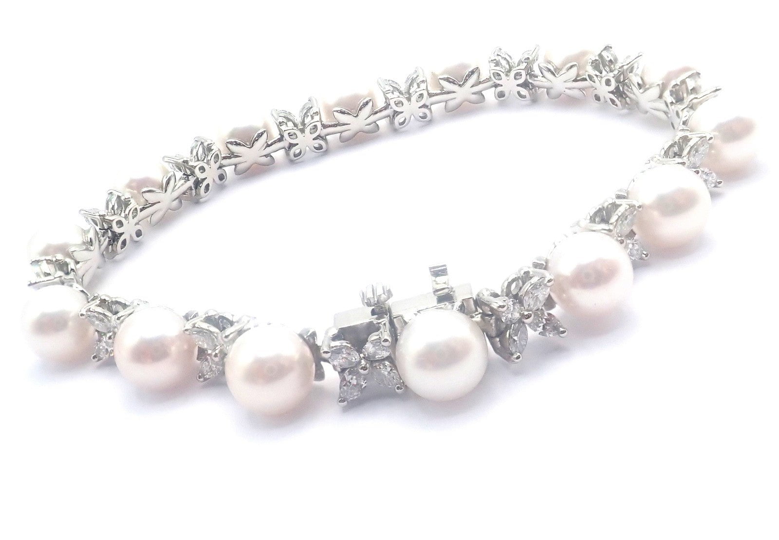 Tiffany & Co Victoria Platinum Diamond Akoya Cultured Pearl Line Tennis Bracelet | Fortrove