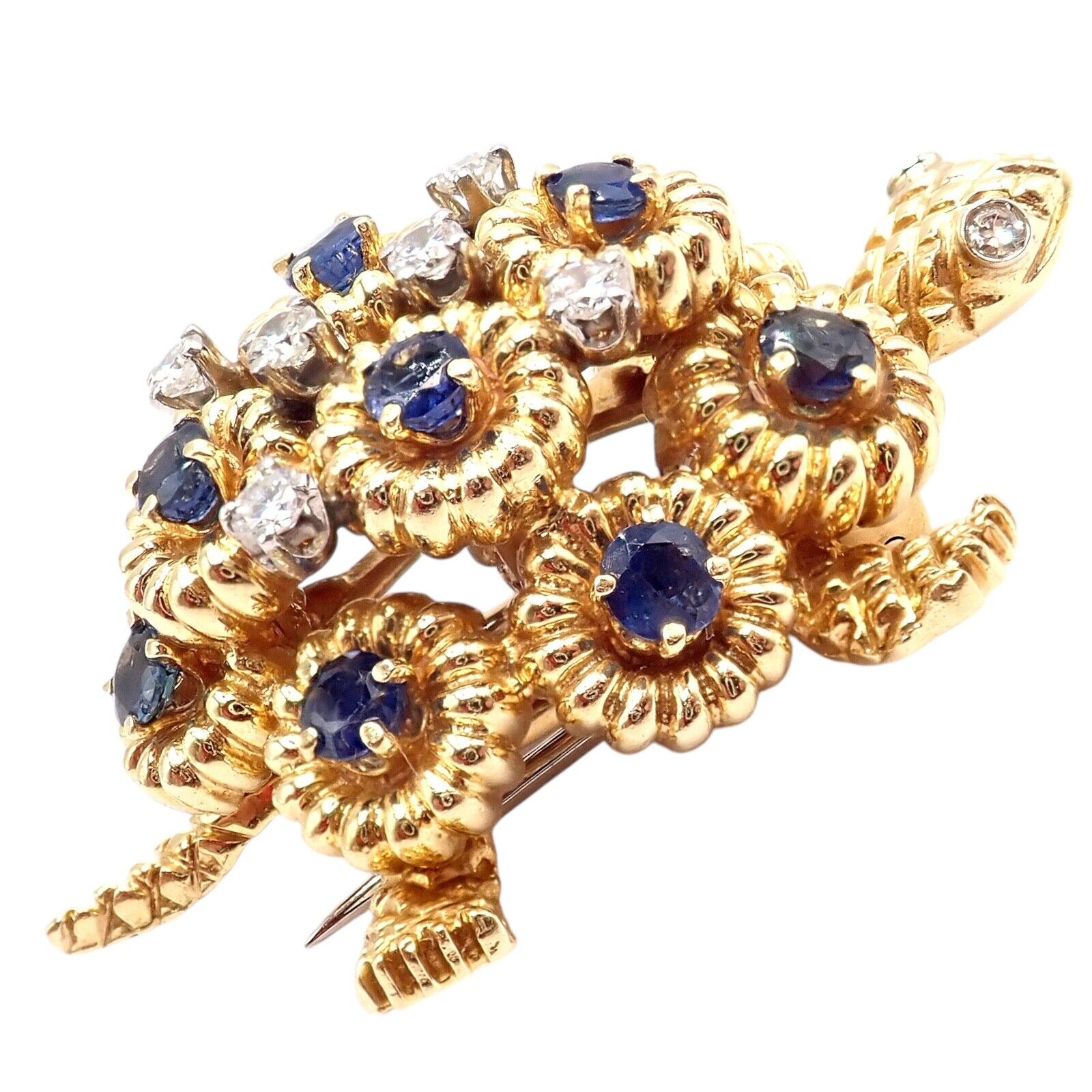 Rare! Authentic Tiffany & Co. Turtle 18k Yellow Gold Diamond Sapphire Pin Brooch | Fortrove