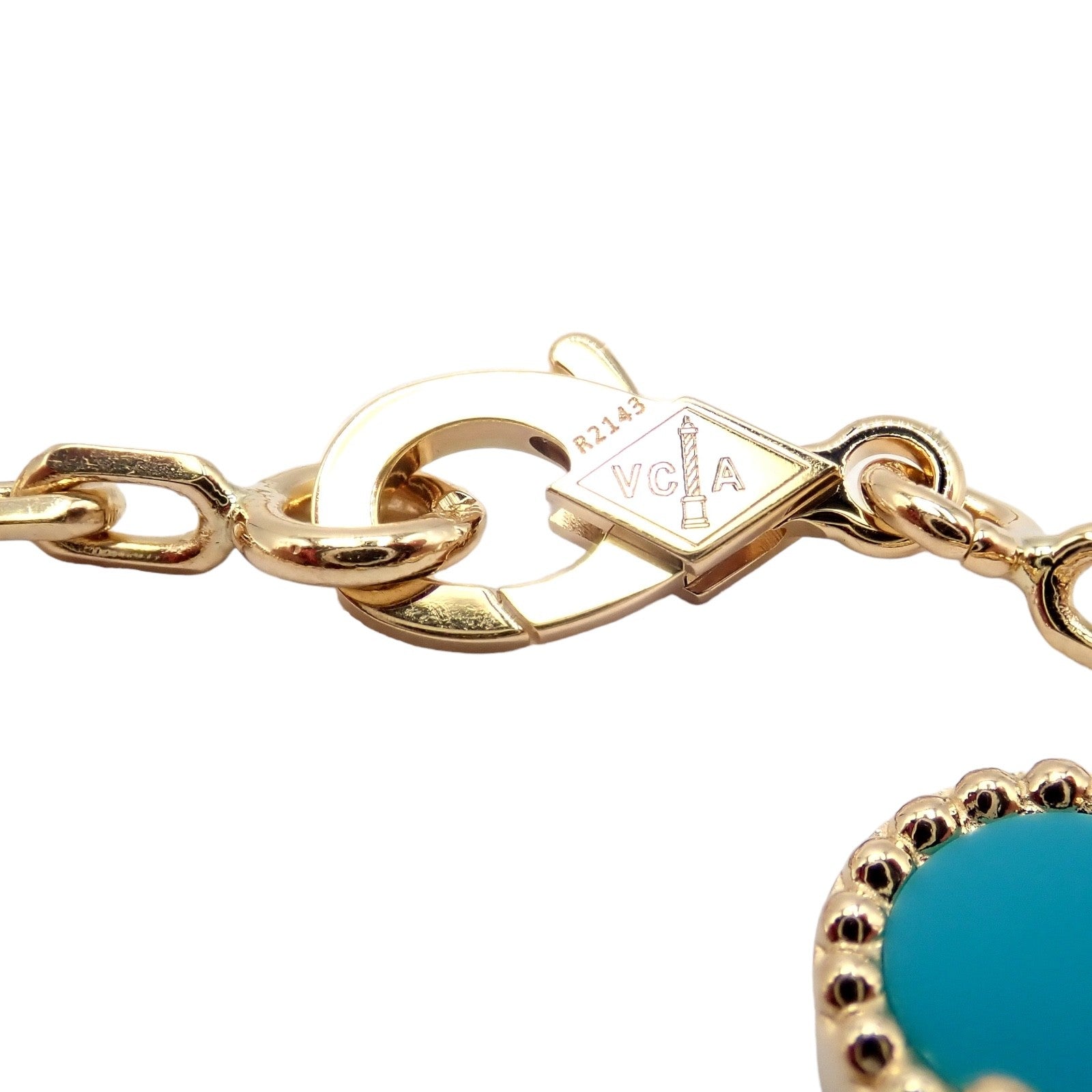 Van Cleef & Arpels 18k Yellow Gold 20 Motif Alhambra Diamond Turquoise Necklace | Fortrove
