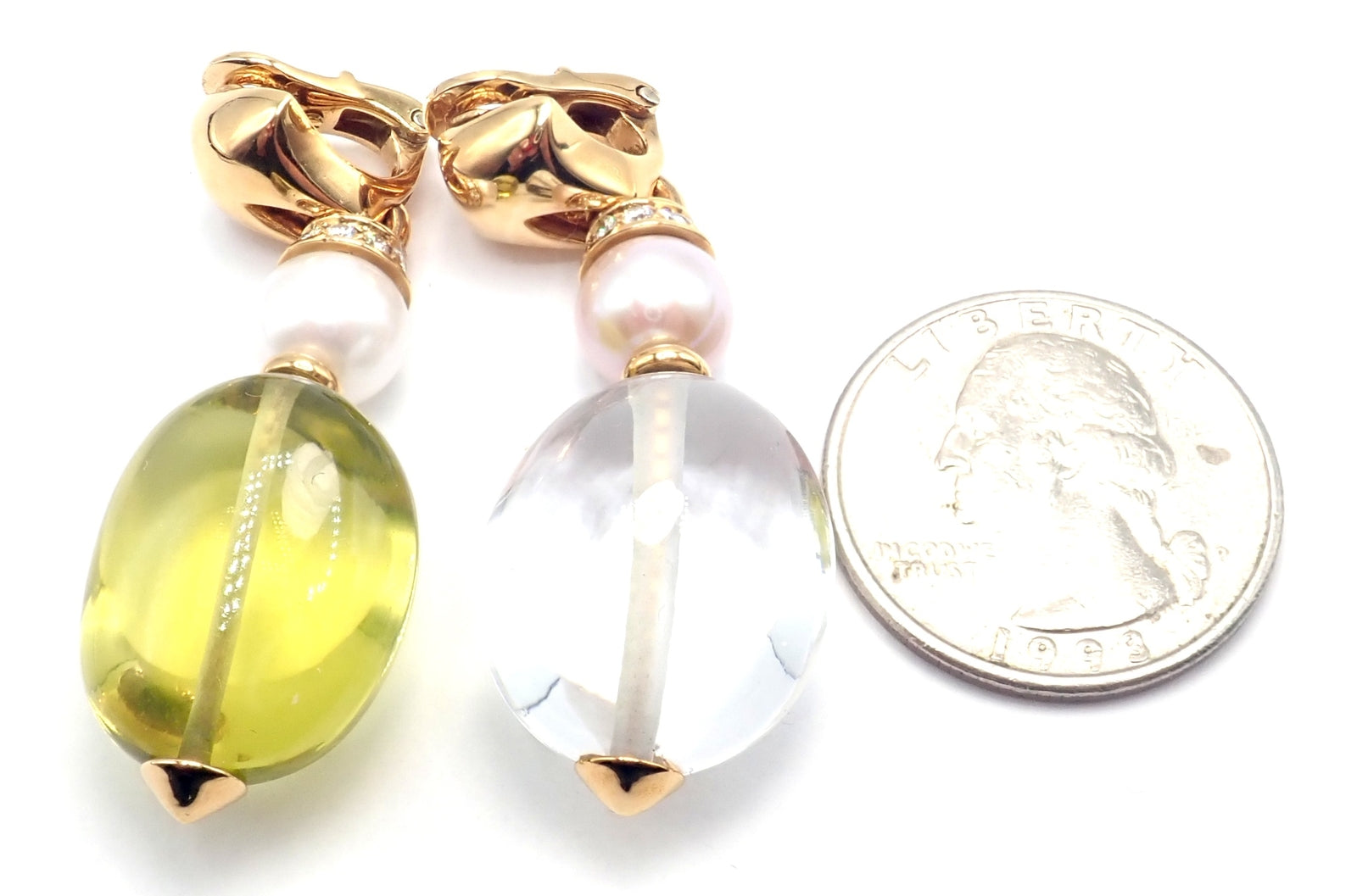 Authentic! Bulgari Bvlgari 18k Gold Diamond Pearl Peridot Crystal Drop Earrings | Fortrove