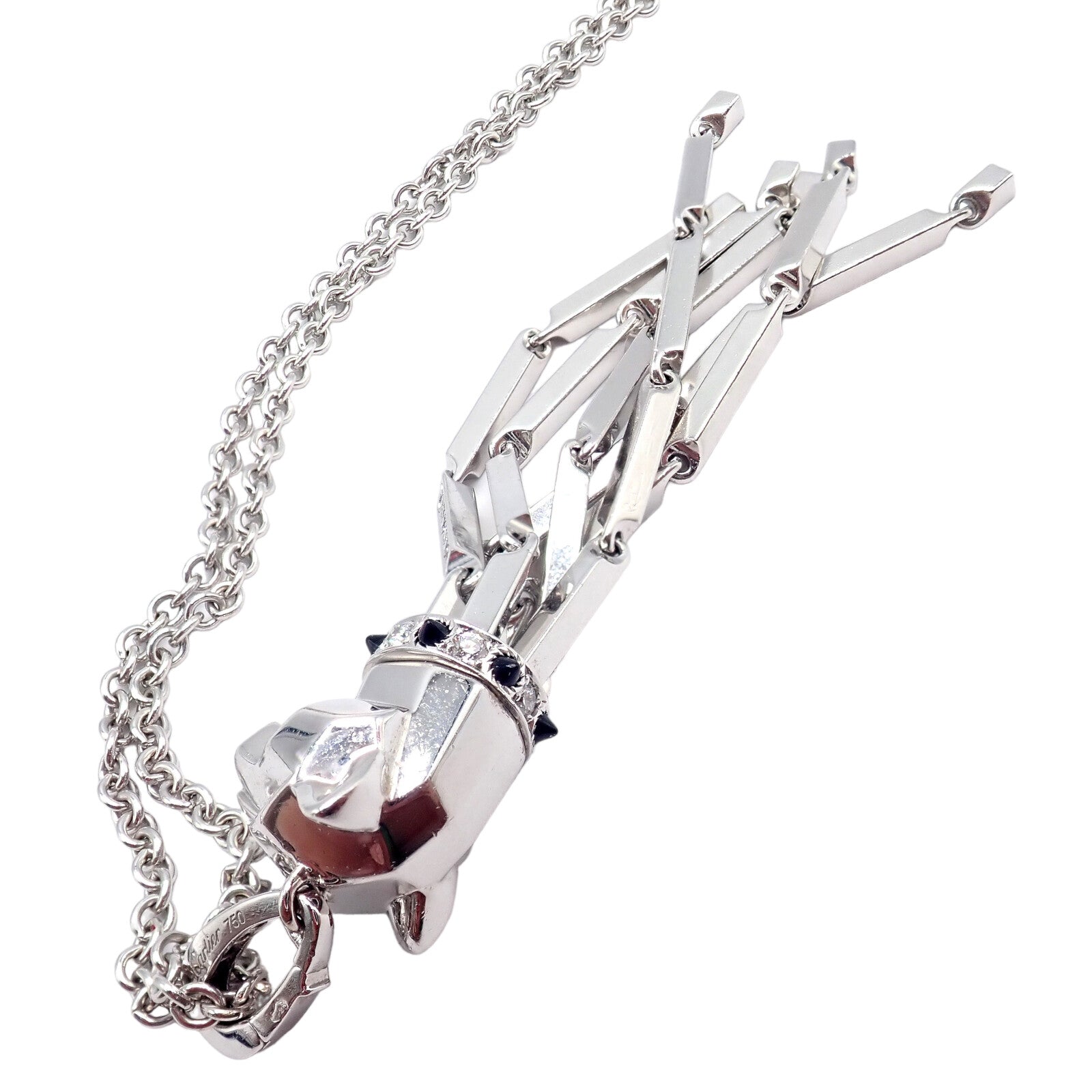 Panthere de Cartier Panther 18k White Gold Diamond Emerald Onyx Pendant Necklace | Fortrove