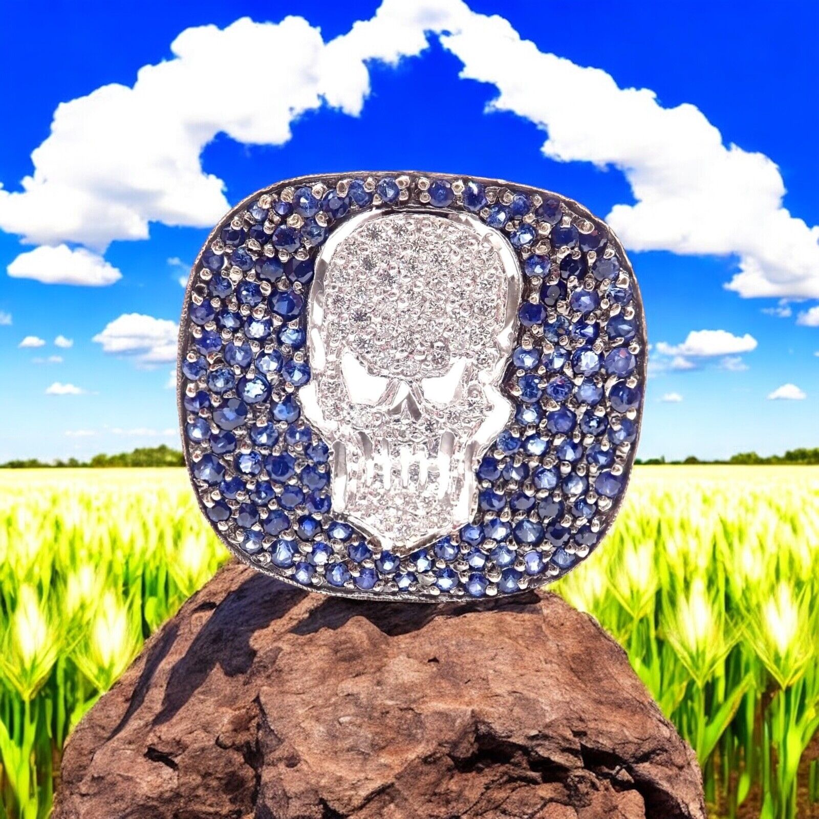 Authentic! Loree Rodkin 18k White Gold Diamond Sapphire Skull Ring Paper Box | Fortrove