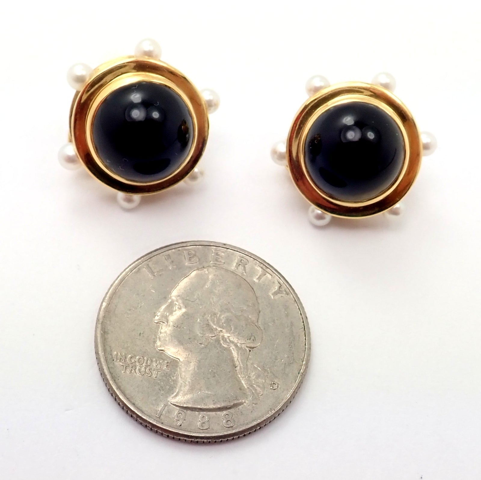 Vintage Authentic Rare Tiffany & Co. 18k Yellow Gold Pearl Onyx Earrings | Fortrove