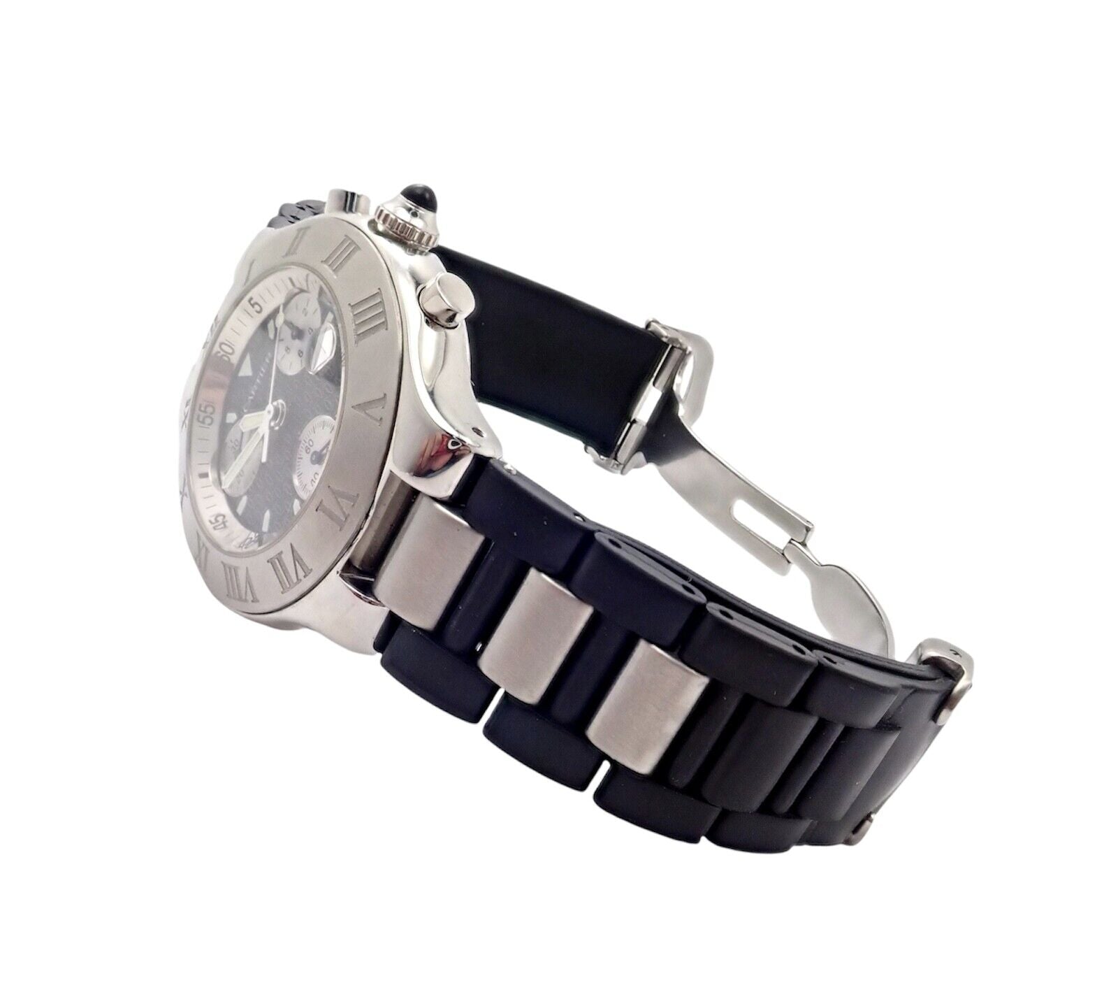 Cartier Jewelry & Watches:Watches, Parts & Accessories:Watches:Wristwatches Authentic! Cartier Stainless Steel Chronograph 21 Quartz Rubber Band Watch