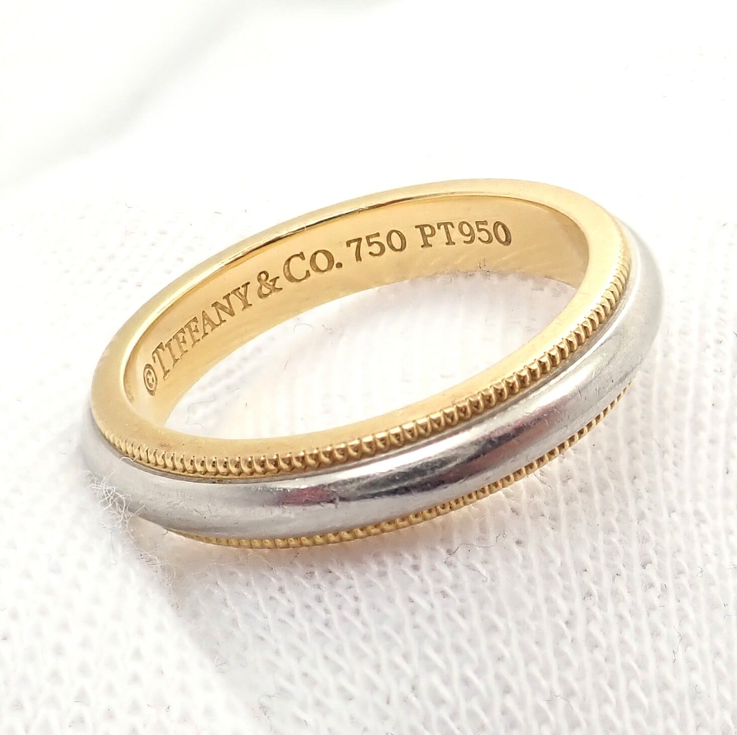 Tiffany & Co. 18k Yellow Gold Platinum 4mm Band Classic Milgrain Ring Sz 5 | Fortrove