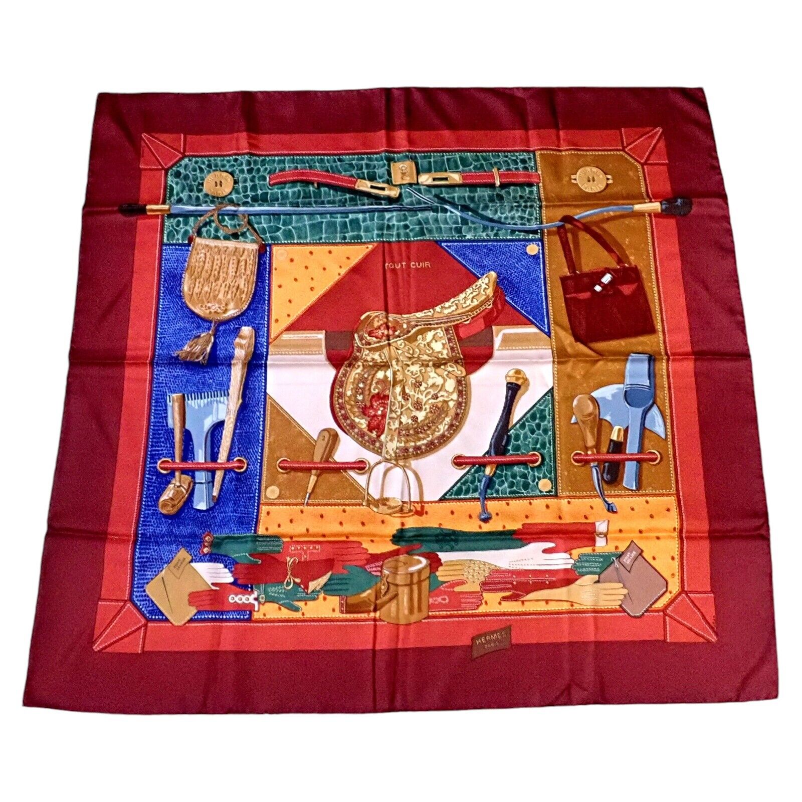 Authentic RARE! Hermes Brick Red Tout Cuir Vintage 90cm Silk Scarf | Fortrove