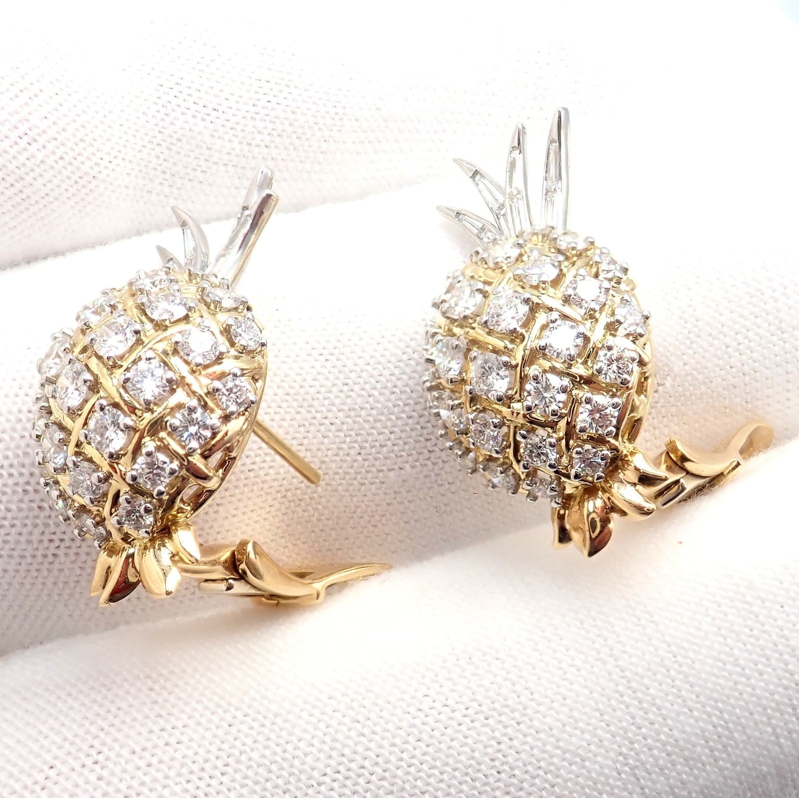 Authentic! Verdura 18k Yellow Gold Platinum Diamond Pineapple Earrings | Fortrove