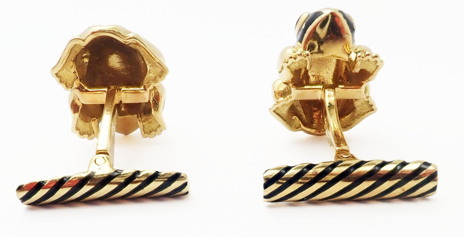 Authentic! Vintage David Webb 18k Yellow Gold Ruby Black Enamel Frog Cufflinks | Fortrove