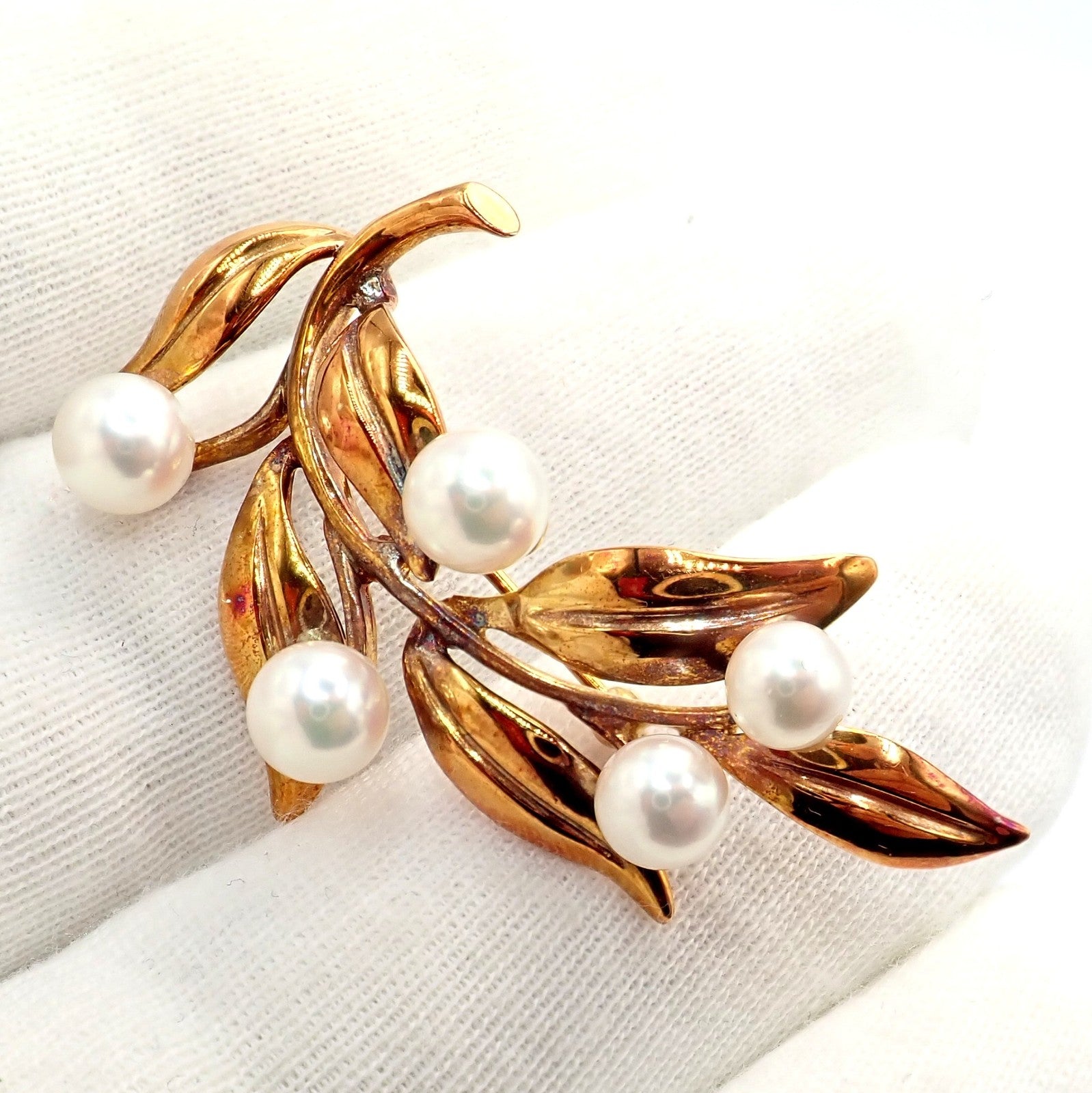 Vintage Tiffany & Co 18k Gold 5 Pearl Leaf Branch Pin Brooch 1987 | Fortrove