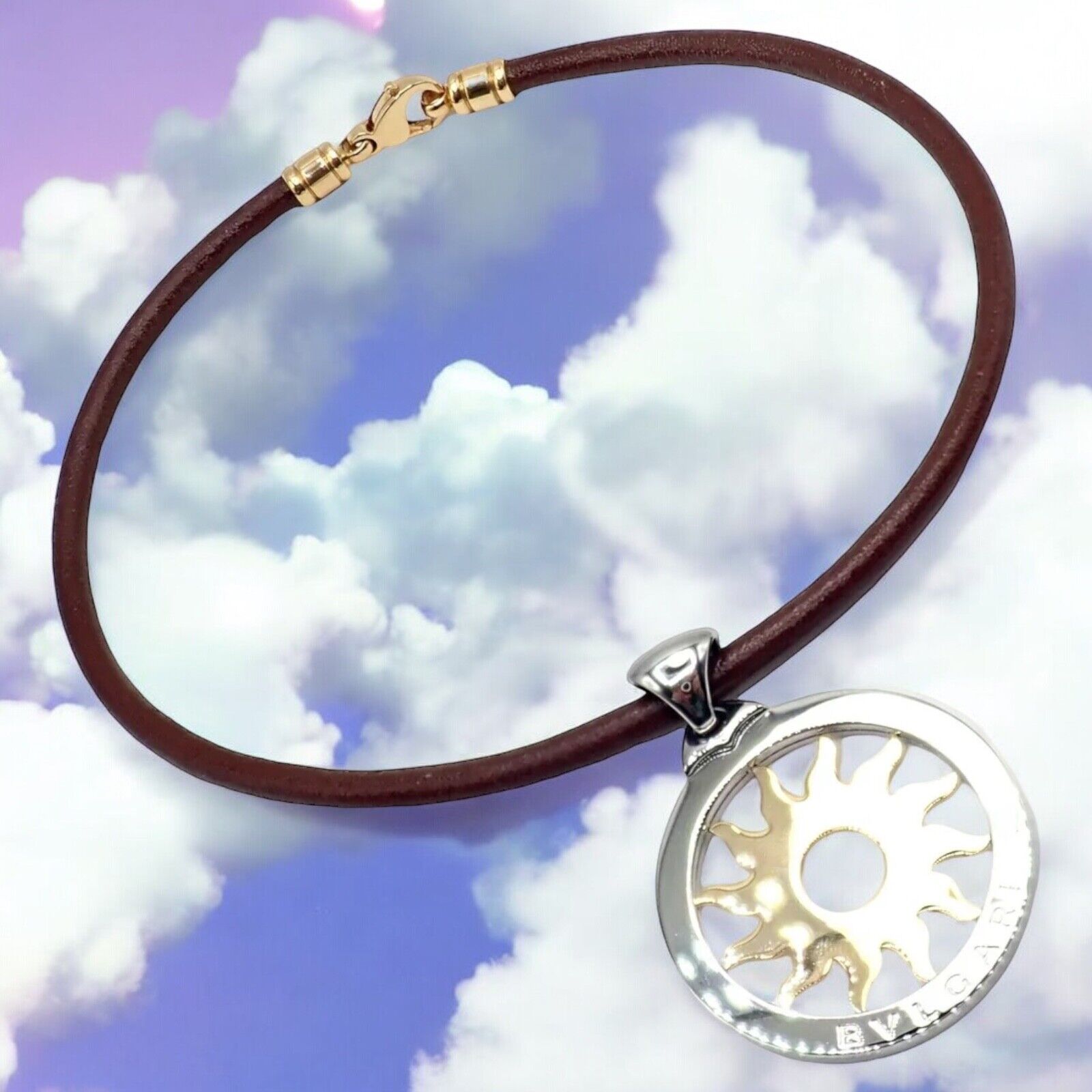 Bulgari Jewelry & Watches:Fine Jewelry:Necklaces & Pendants Bulgari Tondo Sun 18k Gold Steel Extra Large Pendant Brown Leather Necklace