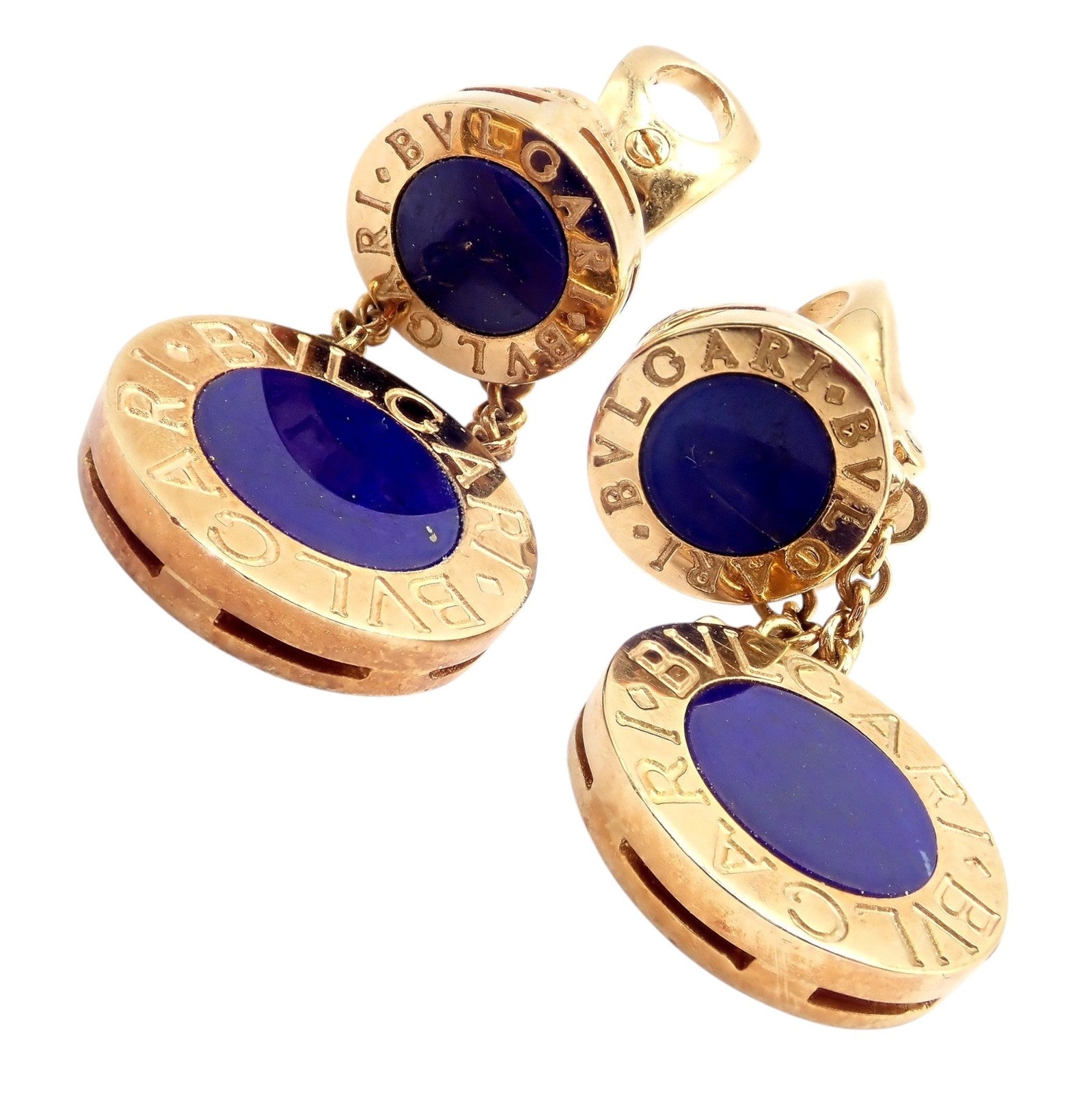 Bulgari Jewelry & Watches:Fine Jewelry:Earrings Rare! Authentic Bvlgari Bulgari 18k Yellow Gold Lapis Disc Double Logo Earrings