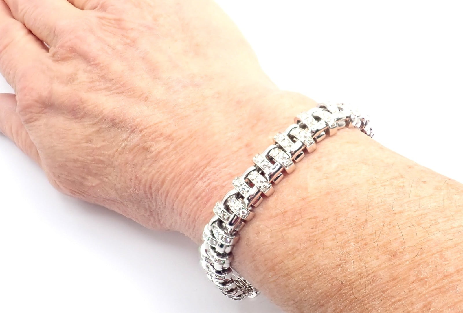 Authentic! Tiffany & Co Vannerie 18k White Gold Basket Weave Diamond Bracelet | Fortrove