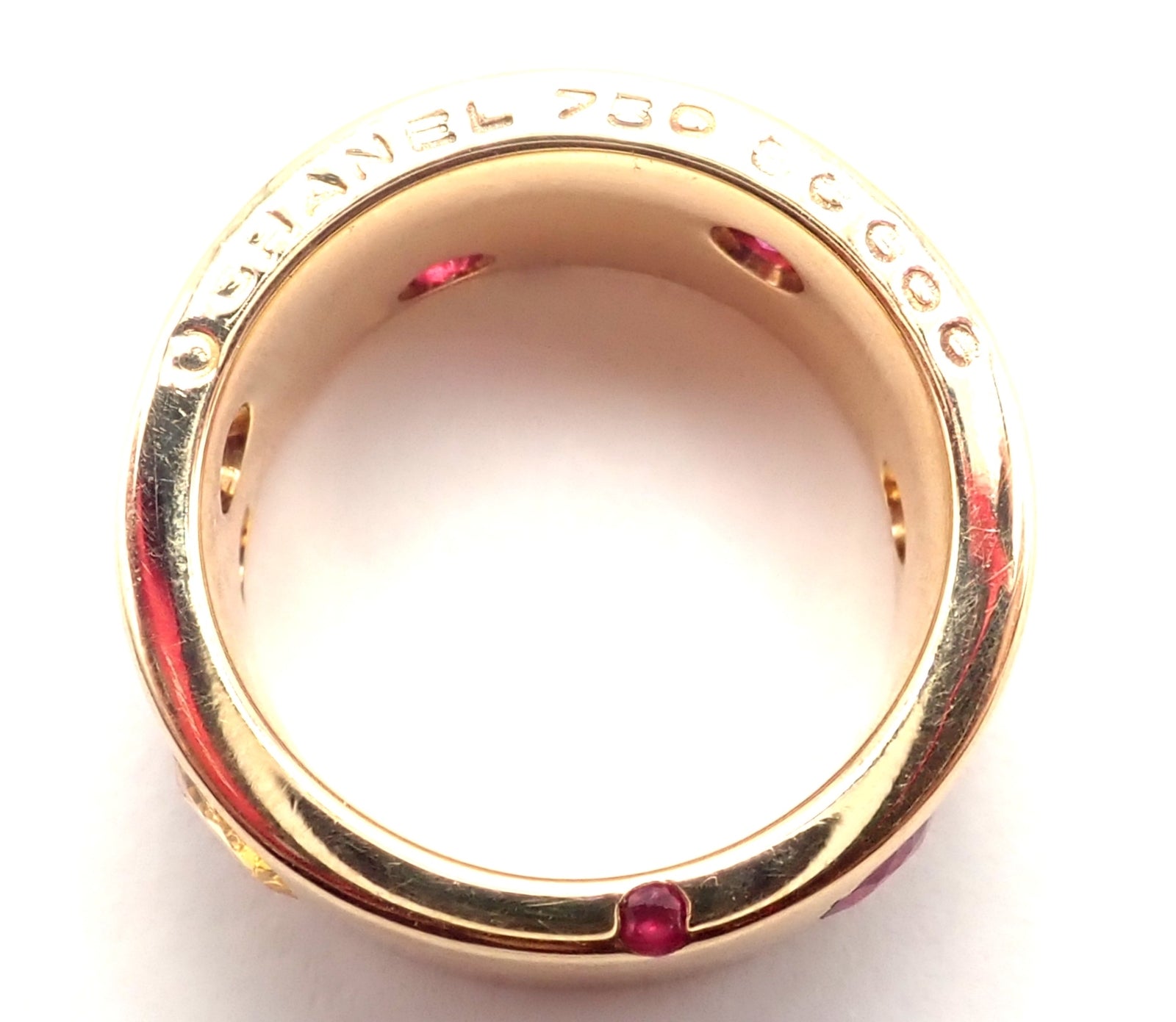Authentic! Chanel 18k Yellow Gold Ruby Yellow Sapphire Wide Band Ring Size 5 | Fortrove