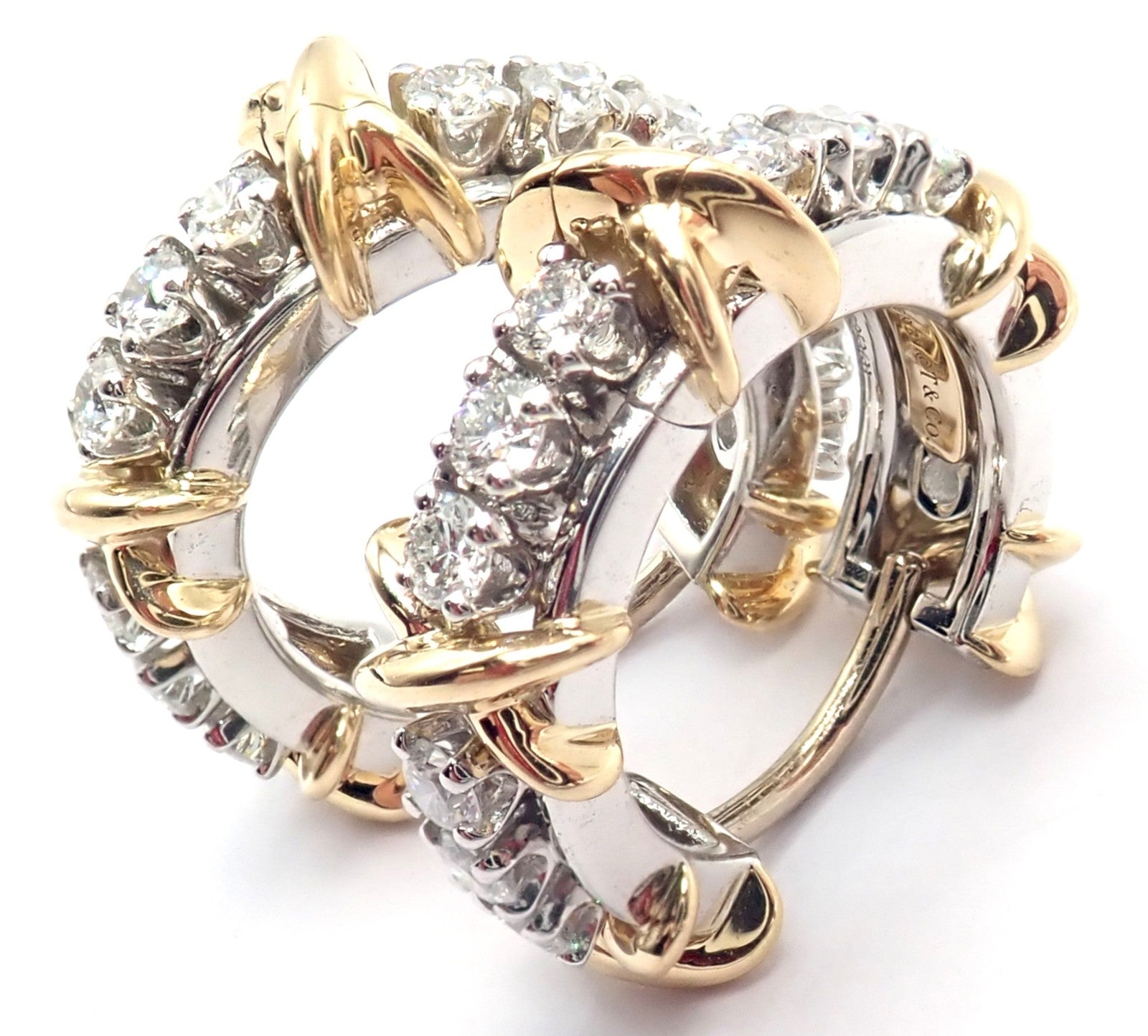 Tiffany & Co Schlumberger Sixteen Stone Plat Gold Diamond Narrow Hoop Earrings | Fortrove