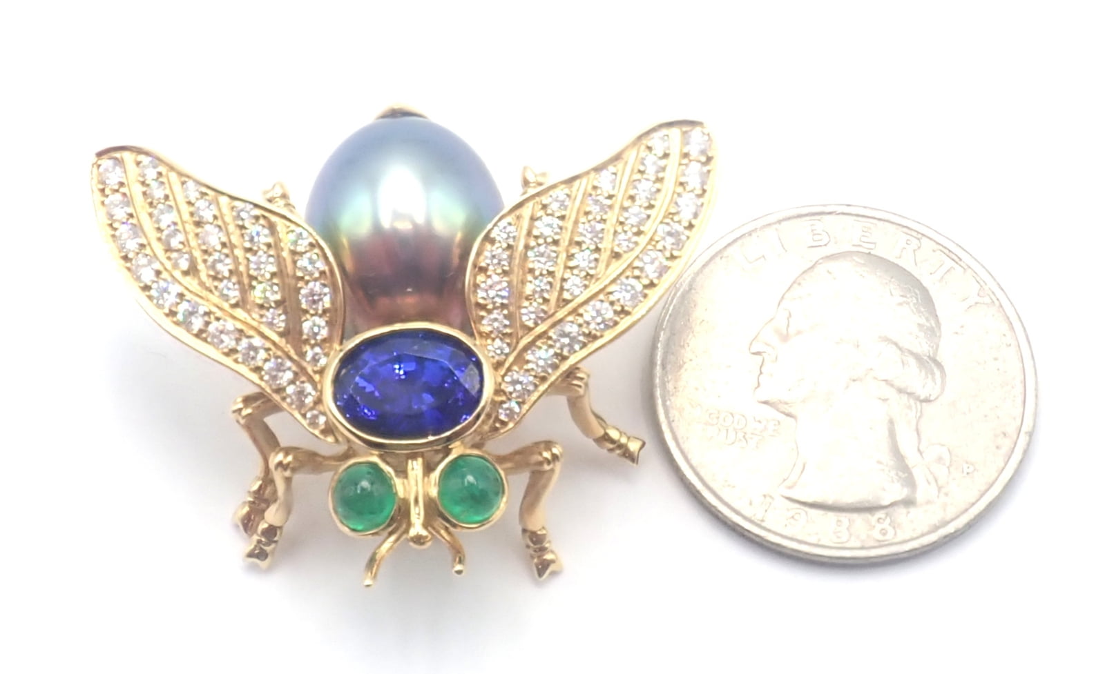 Tiffany & Co. Jewelry & Watches:Fine Jewelry:Brooches & Pins Tiffany & Co 18k Gold Diamond Tahitian Pearl Tanzanite Emerald Fly Pin Brooch