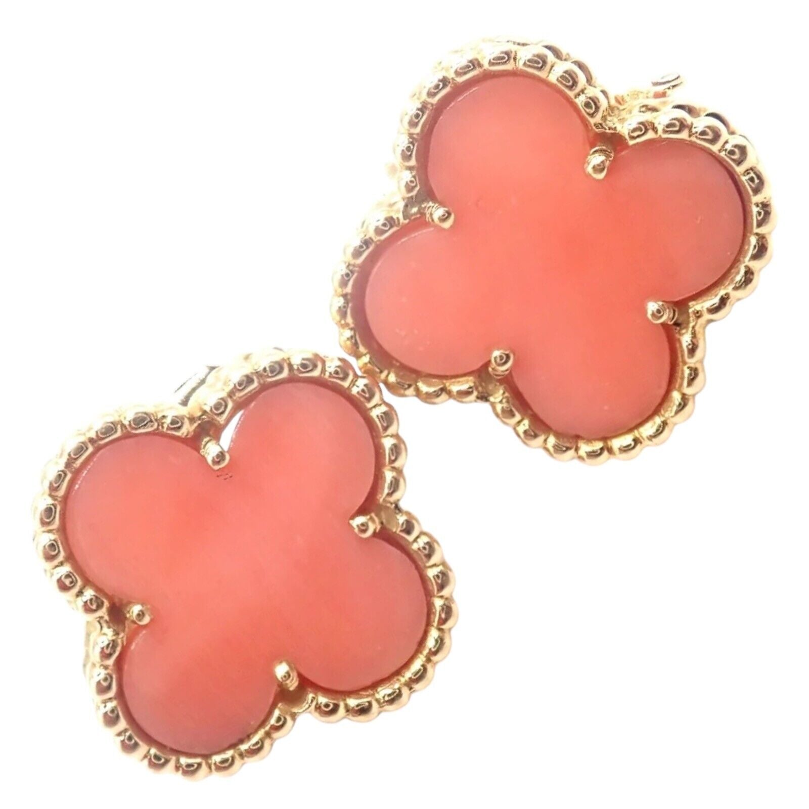 Authentic! Van Cleef & Arpels Vintage Alhambra 18k Yellow Gold Coral Earrings | Fortrove