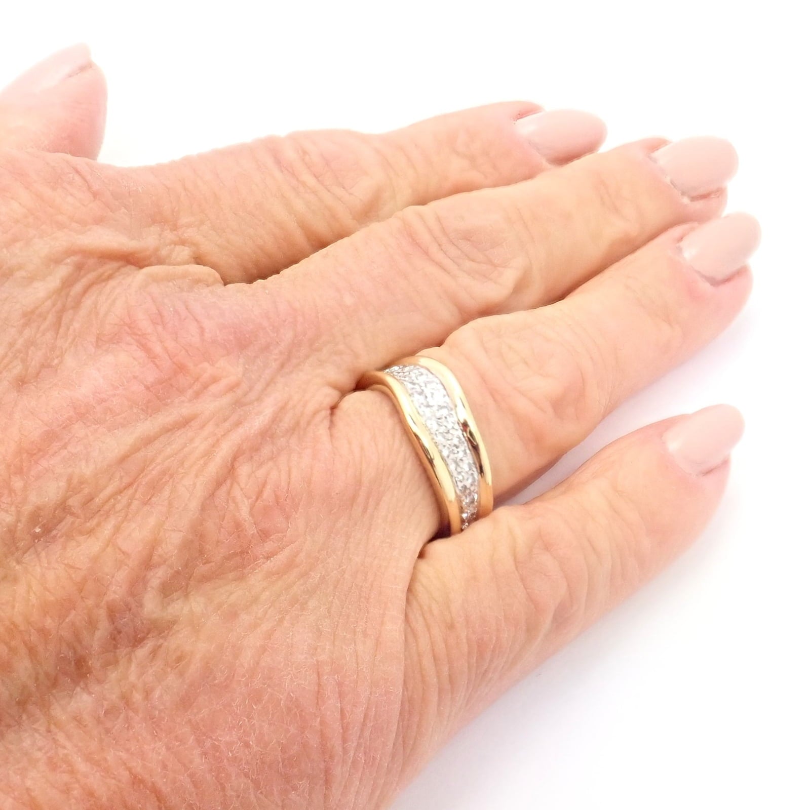 Authentic! Tiffany & Co 18k Yellow Gold Platinum Diamond Wave Band Ring | Fortrove
