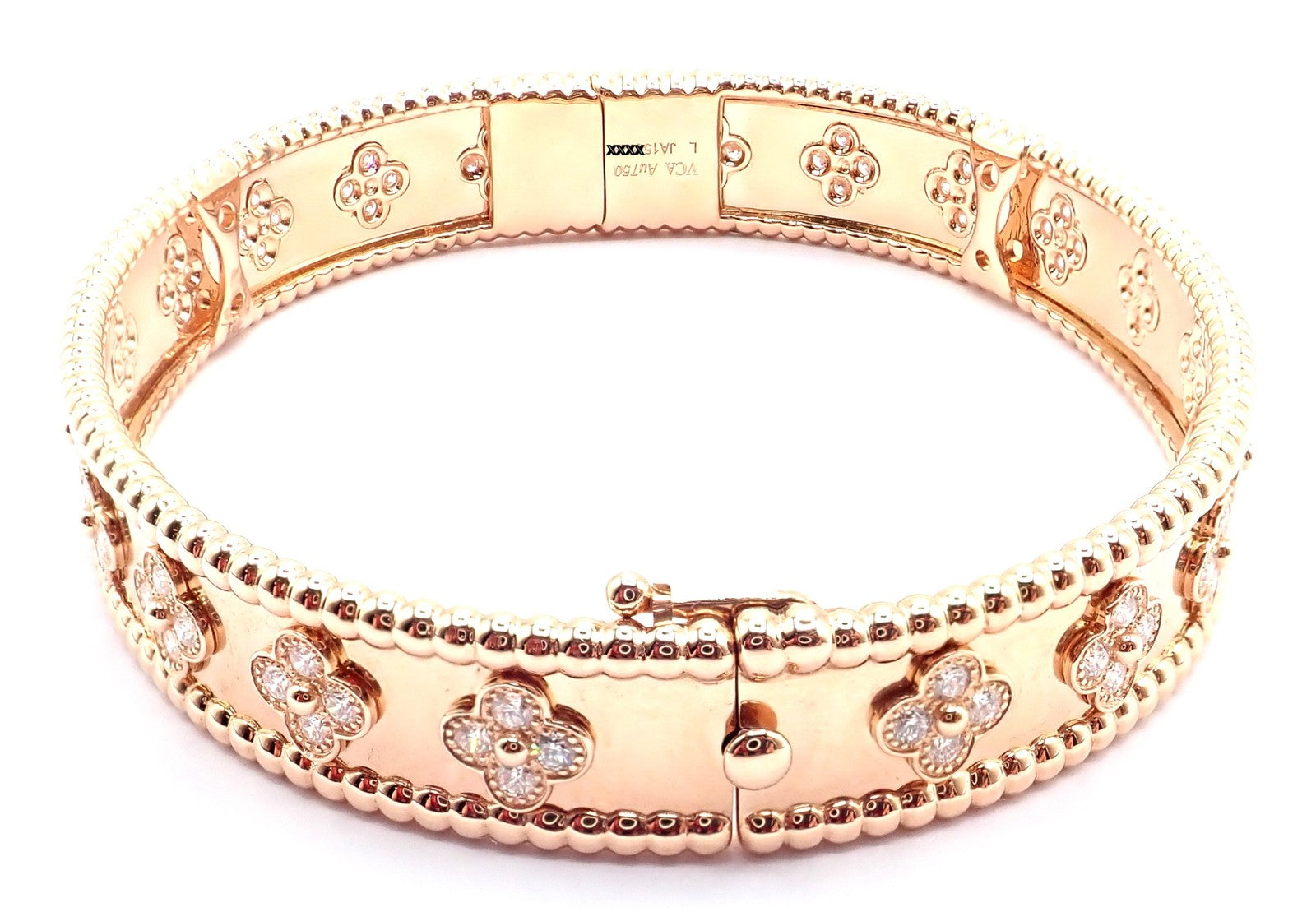 Authentic! Van Cleef & Arpels 18k Rose Gold Diamond Clovers Bangle Bracelet | Fortrove
