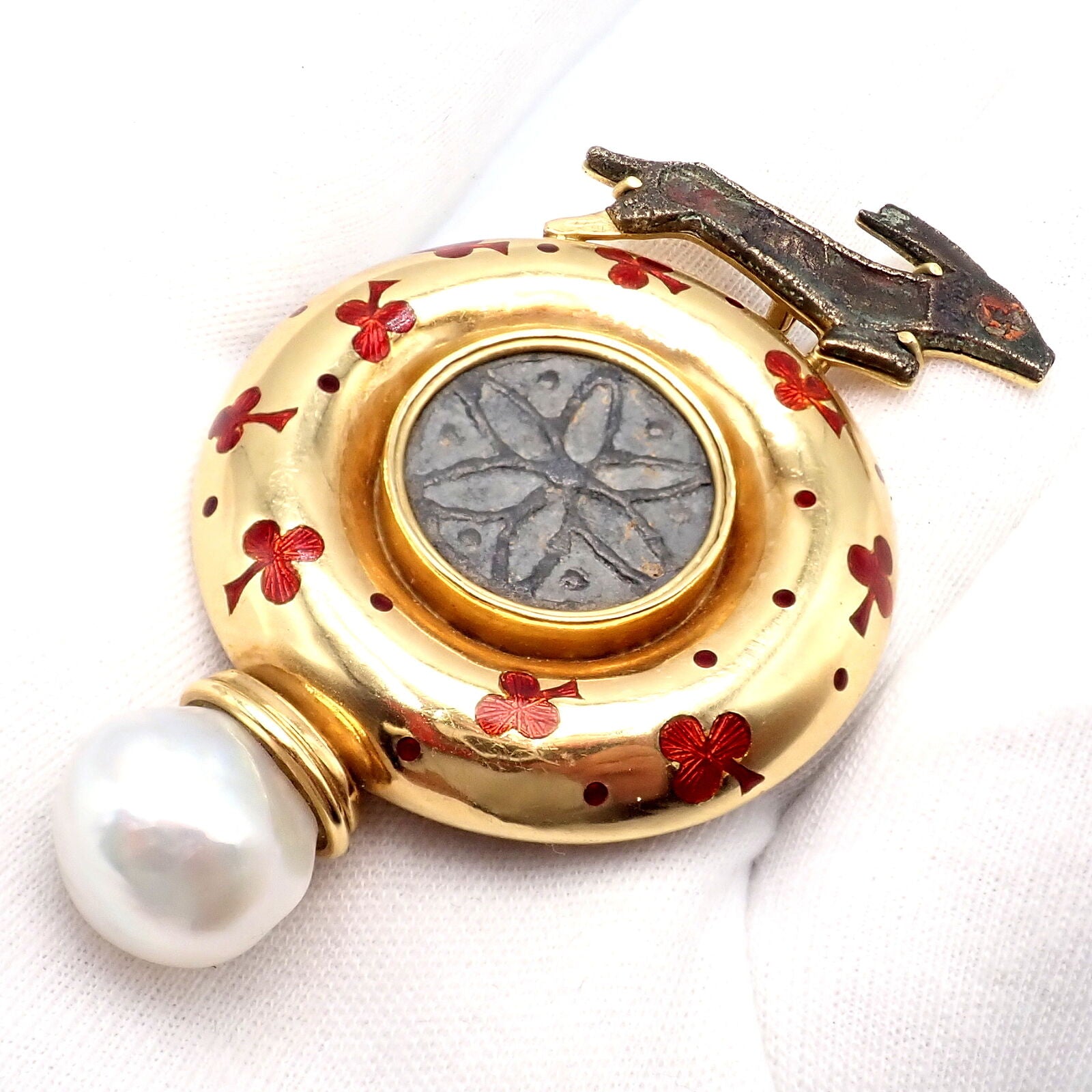 Elizabeth Gage Jewelry & Watches:Fine Jewelry:Brooches & Pins Vintage Elizabeth Gage 18k Yellow Gold Pearl Ancient Coin Enamel Hare Pin Brooch