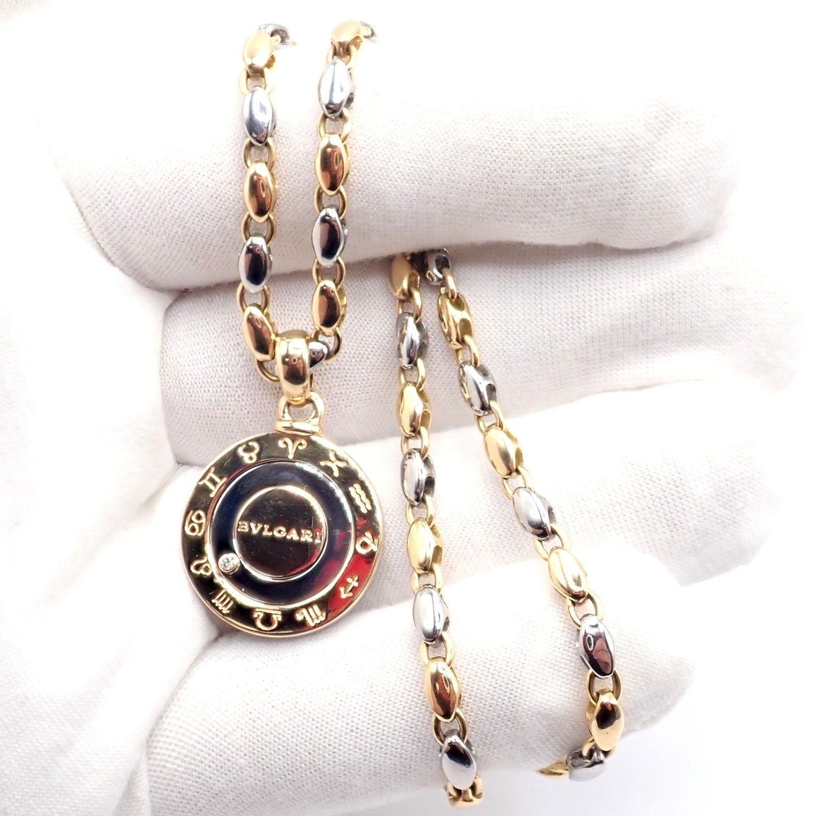 Authentic! Bulgari Bvlgari 18k Yellow Gold Steel Diamond Zodiac Pendant Necklace | Fortrove