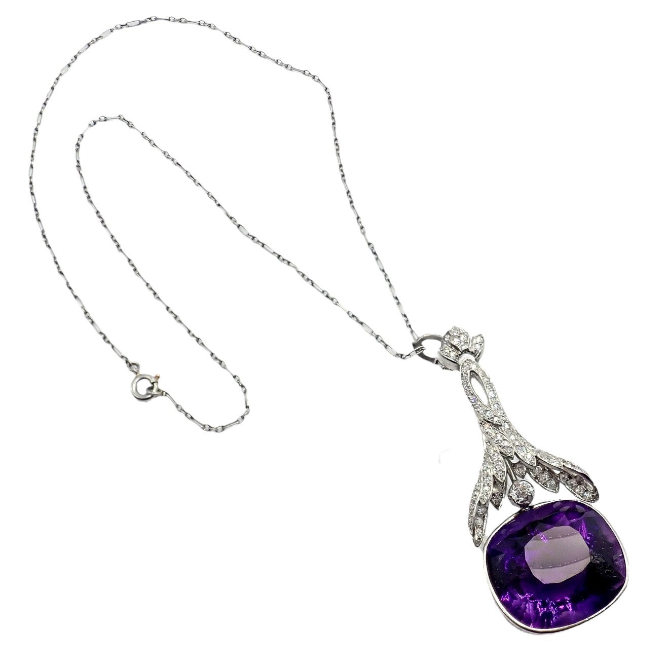 Vintage Estate Platinum Diamond Large Amethyst Art Deco Necklace | Fortrove