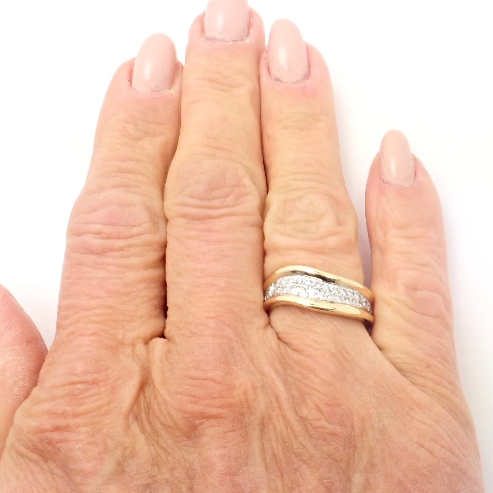 Authentic! Tiffany & Co 18k Yellow Gold Platinum Diamond Wave Band Ring | Fortrove