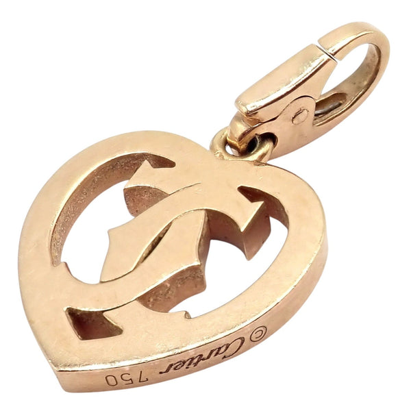 Authentic! Cartier 18k Rose Gold Double C Logo Heart Charm Pendant