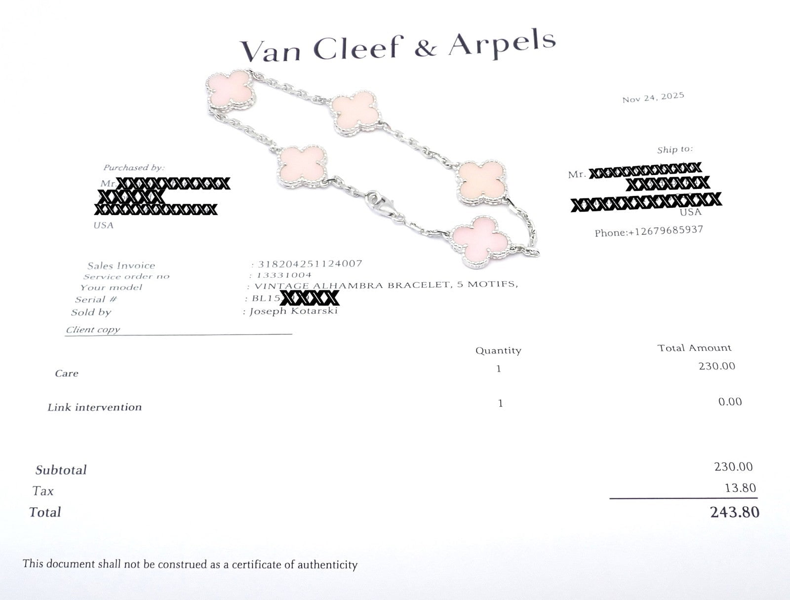 Van Cleef & Arpels Jewelry & Watches:Fine Jewelry:Bracelets & Charms Authentic! Van Cleef & Arpels Alhambra 18k White Gold Pink Opal Bracelet Cert.