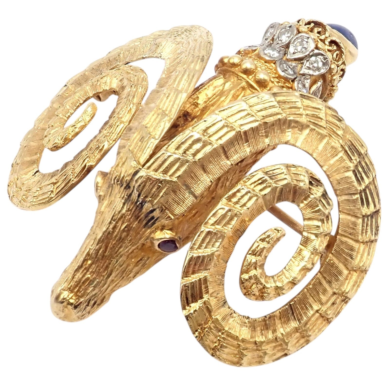 Rare Ilias Lalaounis 18k Yellow Gold Ram Ares Diamond Ruby Sapphire Large Brooch | Fortrove