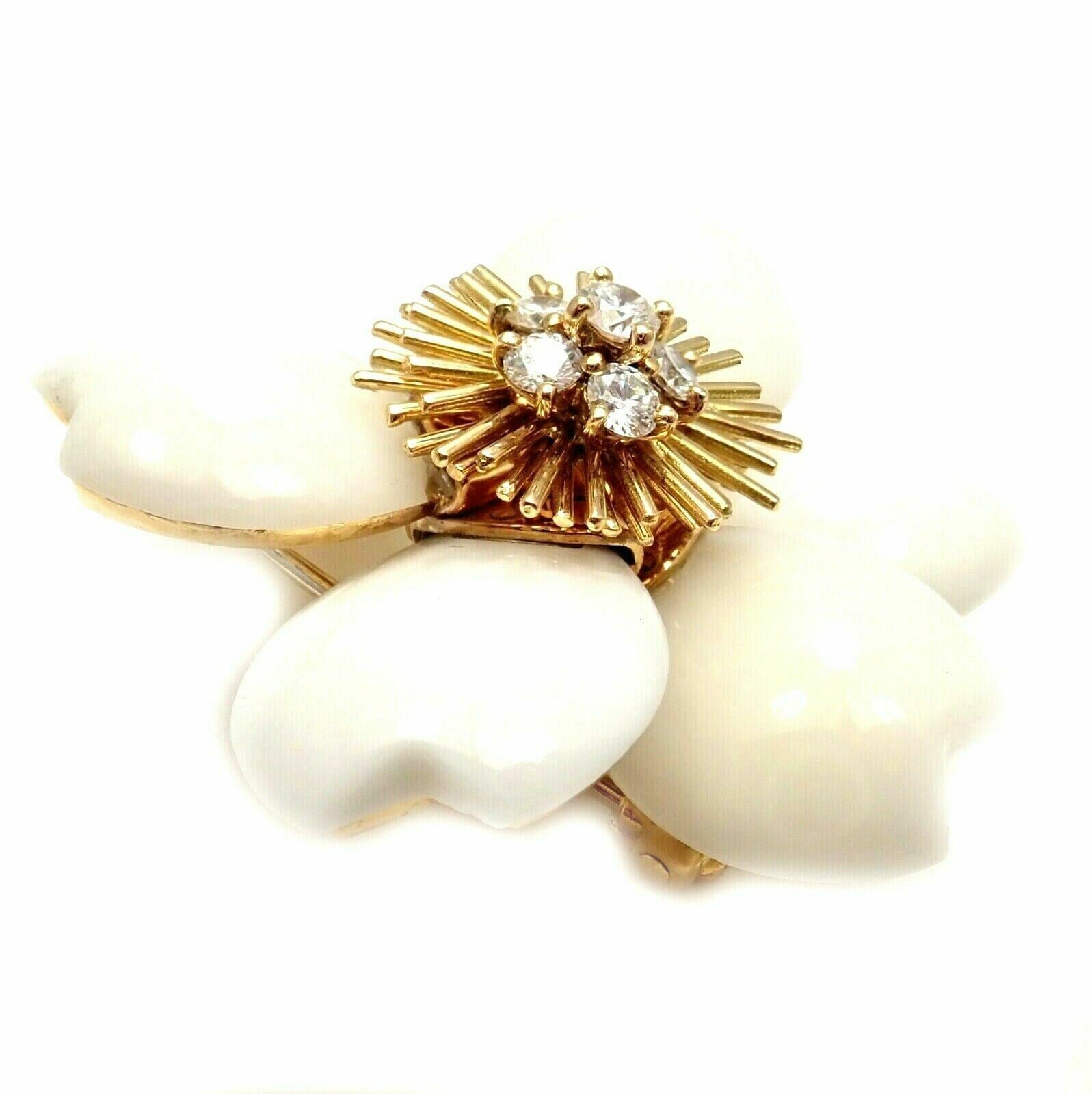 Van Cleef & Arpels Rose de Noel Diamond White Coral Flower Yellow Gold Brooch | Fortrove