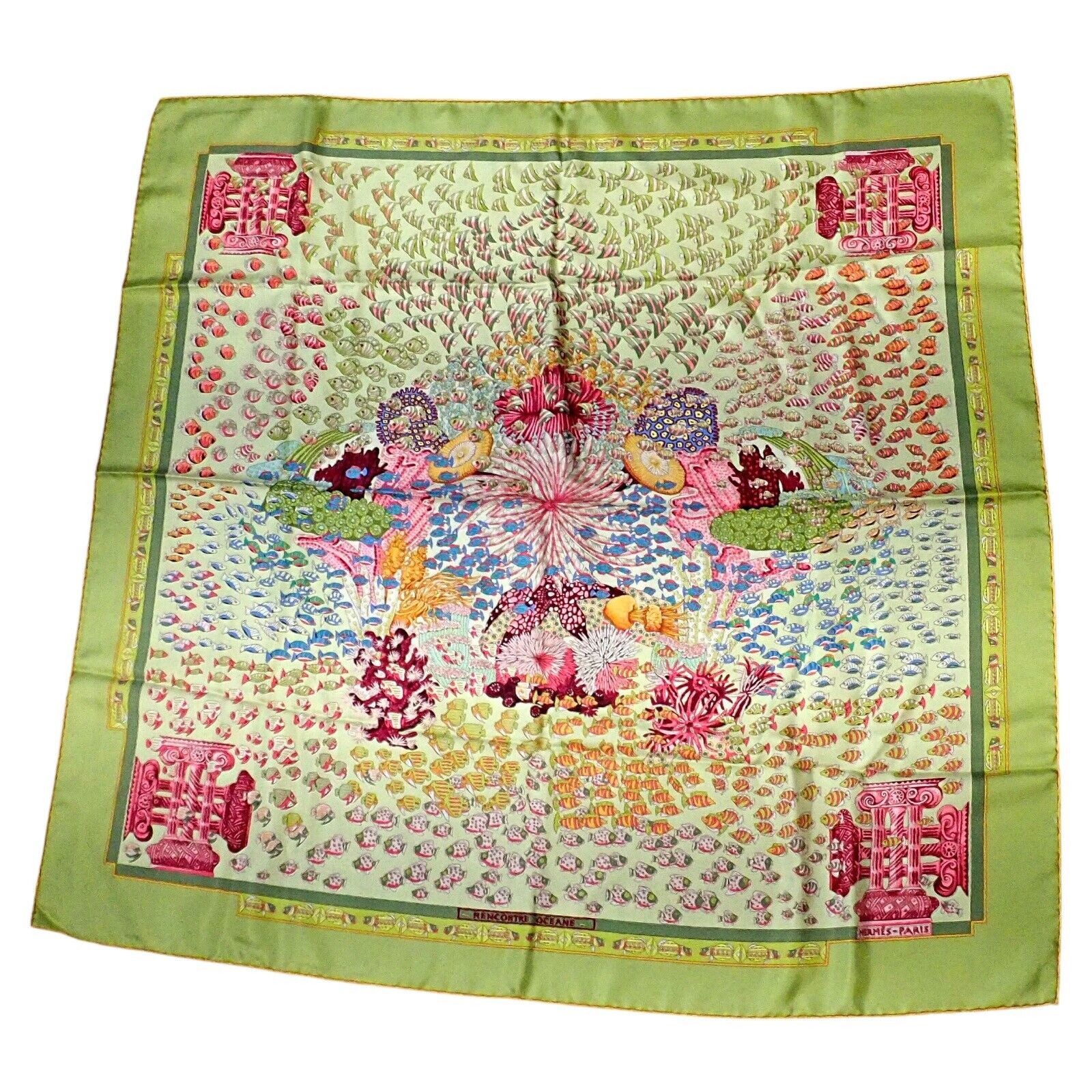 Hermes Clothing, Shoes & Accessories:Women:Women's Accessories:Scarves & Wraps Authentic RARE! Hermes Key Lime Green Rencontre Oceane Vintage 90cm Silk Scarf