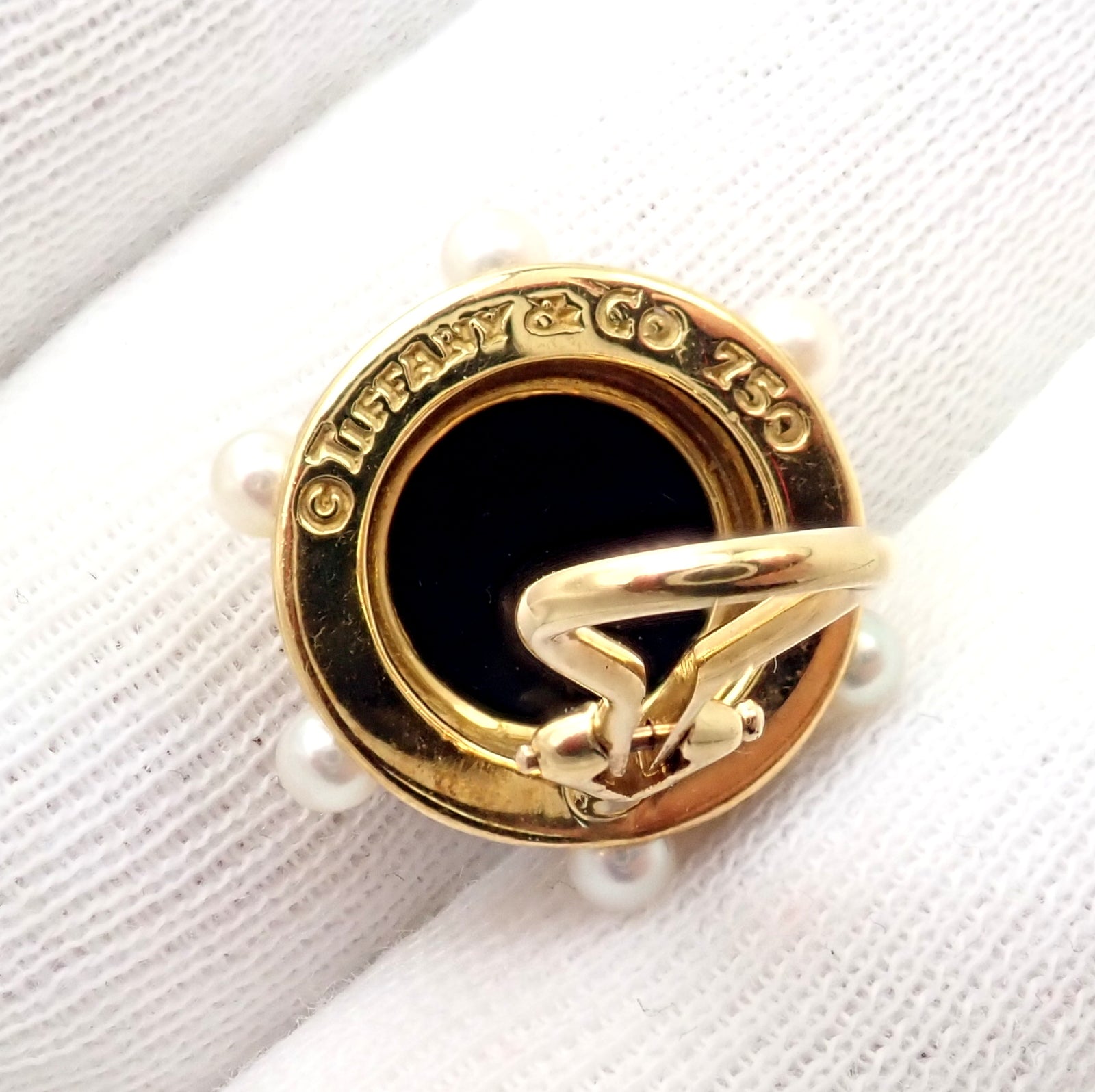 Vintage Authentic Rare Tiffany & Co. 18k Yellow Gold Pearl Onyx Earrings | Fortrove