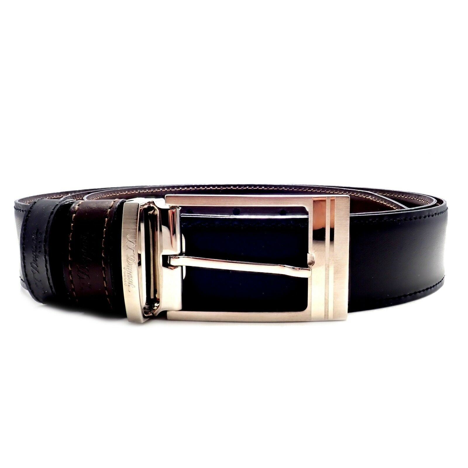 Authentic S. T. Dupont Black Leather Palladium Belt w/ Box + Card 47" | Fortrove