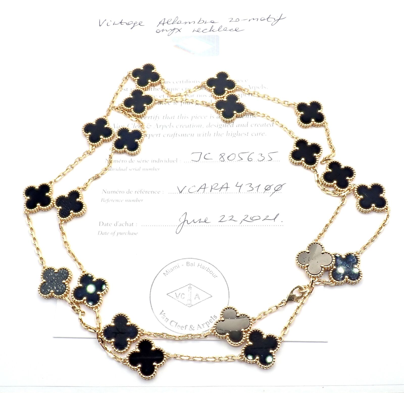 Authentic! Van Cleef & Arpels 18k Gold 20 Motif Black Onyx Alhambra Necklace | Fortrove