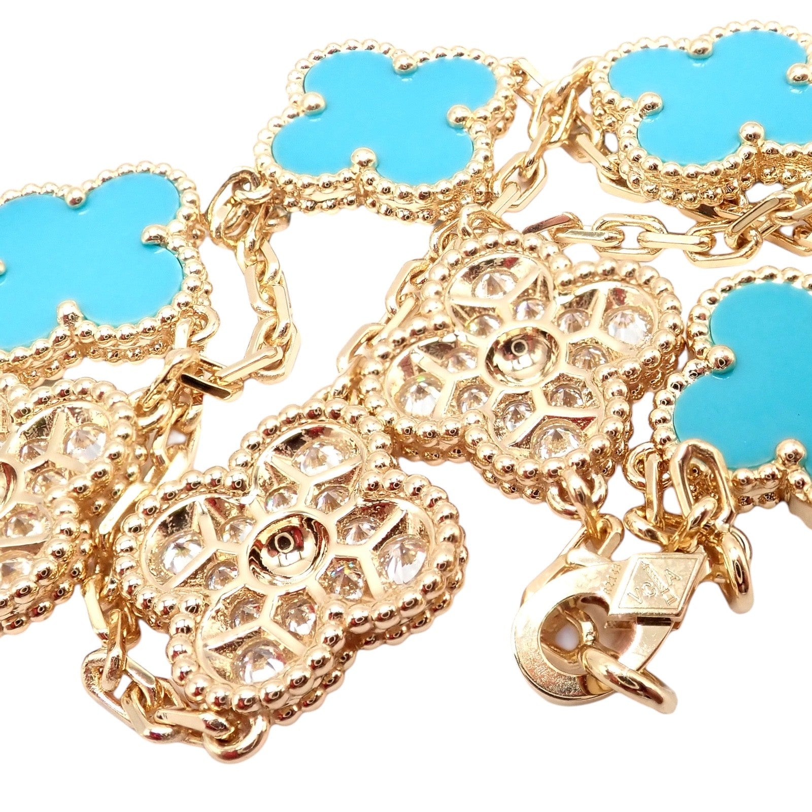 Van Cleef & Arpels 18k Yellow Gold 20 Motif Alhambra Diamond Turquoise Necklace | Fortrove