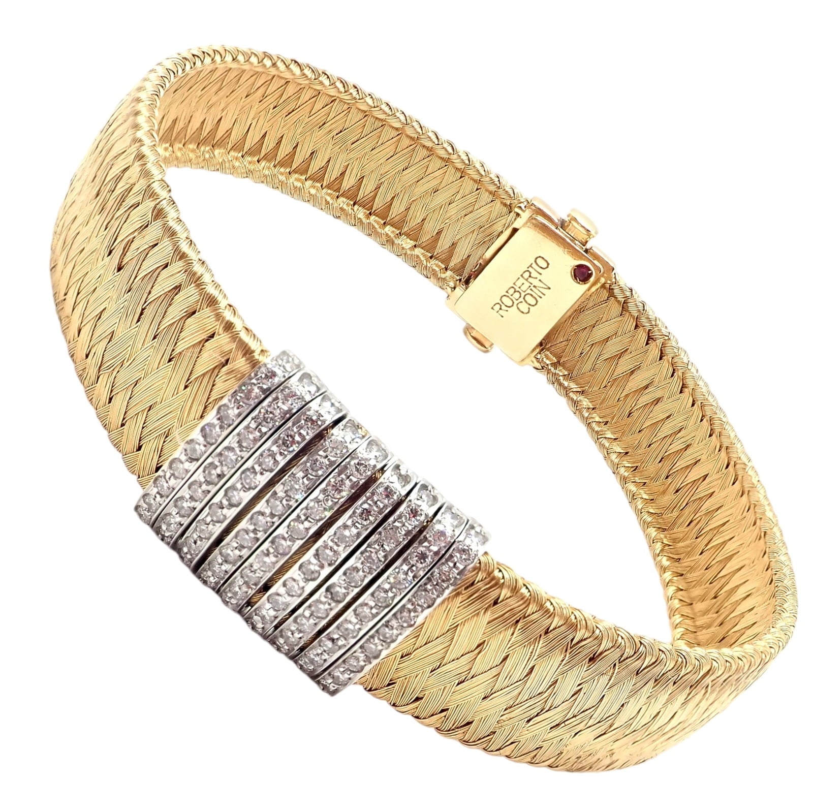 Authentic! Roberto Coin 18k Yellow Gold 9 Row Diamond Silk Weave Bracelet | Fortrove