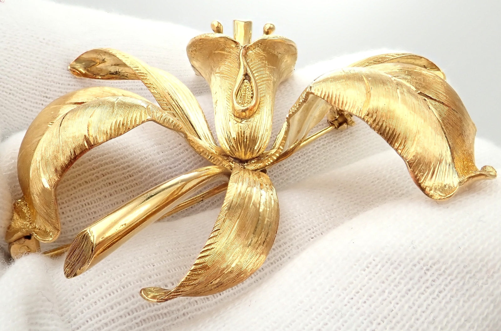 Vintage Tiffany & Co 18k Yellow Gold Large Orchid Calla Lily Pin Brooch 1950s | Fortrove