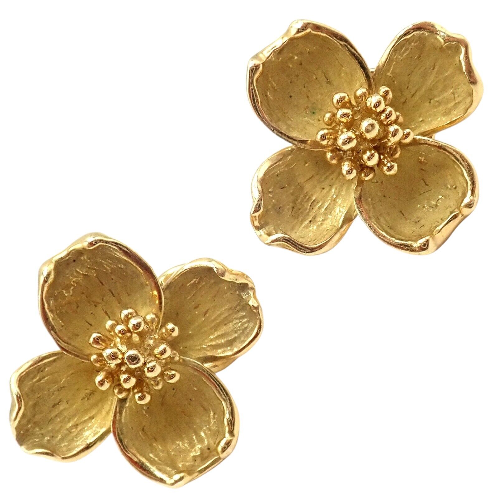 Authentic! Vintage Tiffany & Co 18K Yellow Gold Dogwood Flower Earrings | Fortrove