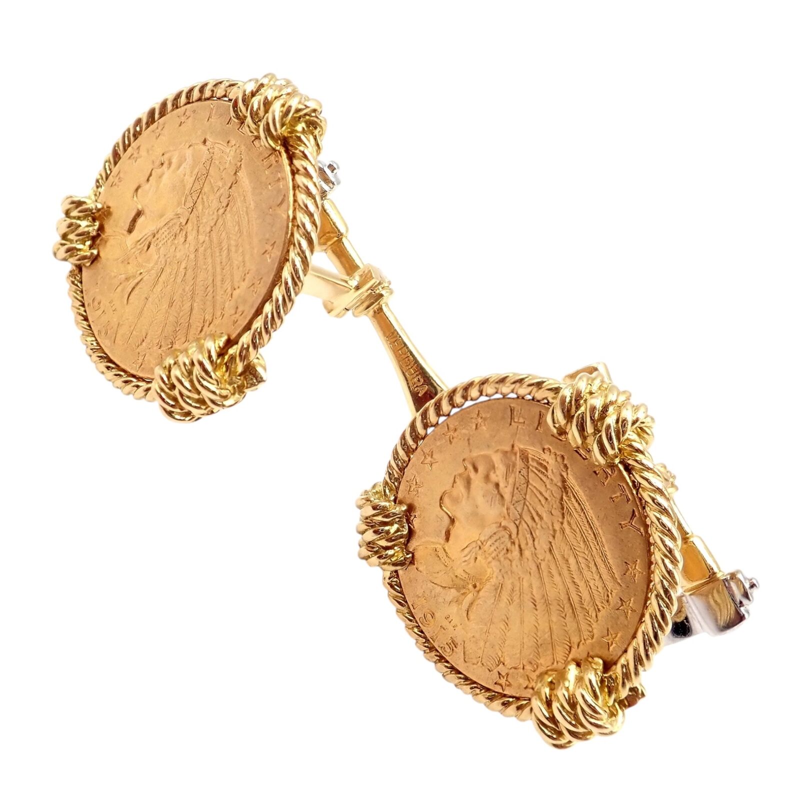 Verdura Five Buck 18k & 22k Yellow + White Gold Indian Head Coin Cufflinks | Fortrove