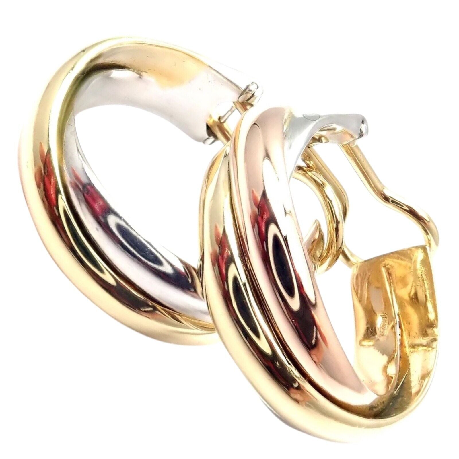 Authentic! Cartier 18k Tri-Color Gold Medium Size Trinity Hoop Earrings | Fortrove